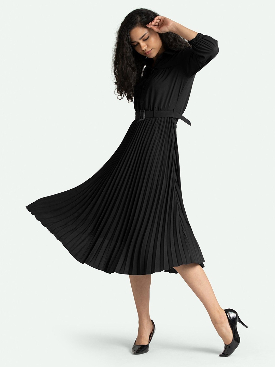 

Femvy Puff Sleeve Applique Crepe Fit & Flare Dress, Black