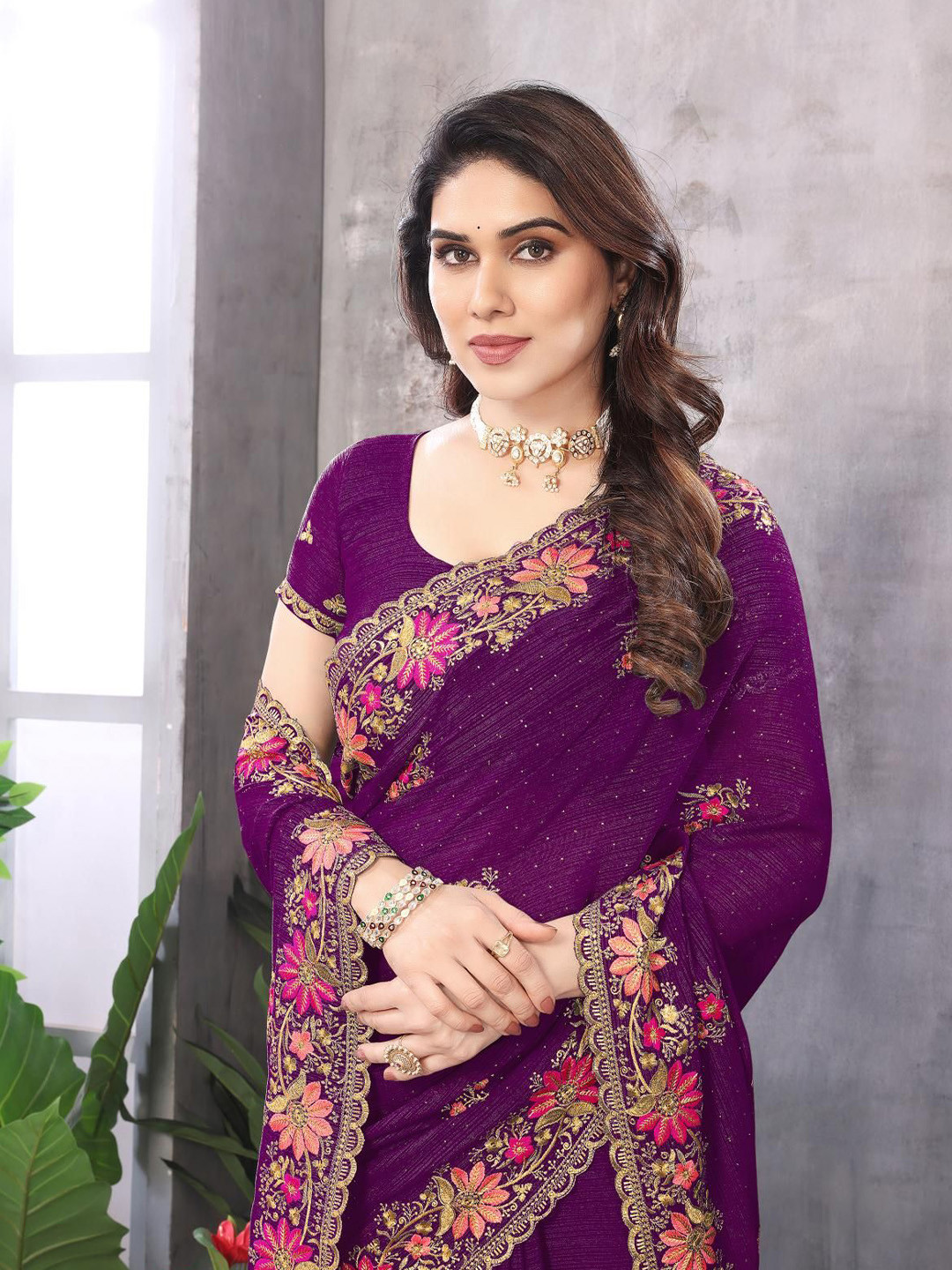 

KHRITI FAB Floral Embroidered Pure Georgette Saree, Purple