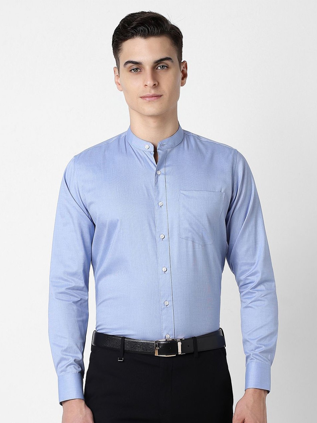 

Van Heusen Men Band Collar Solid Cotton Slim Fit Formal Shirt, Blue