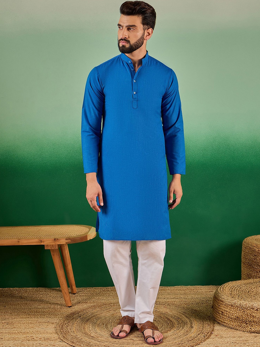 

Nimayaa Striped Woven Design Mandarin Collar Cotton Straight Kurta, Blue