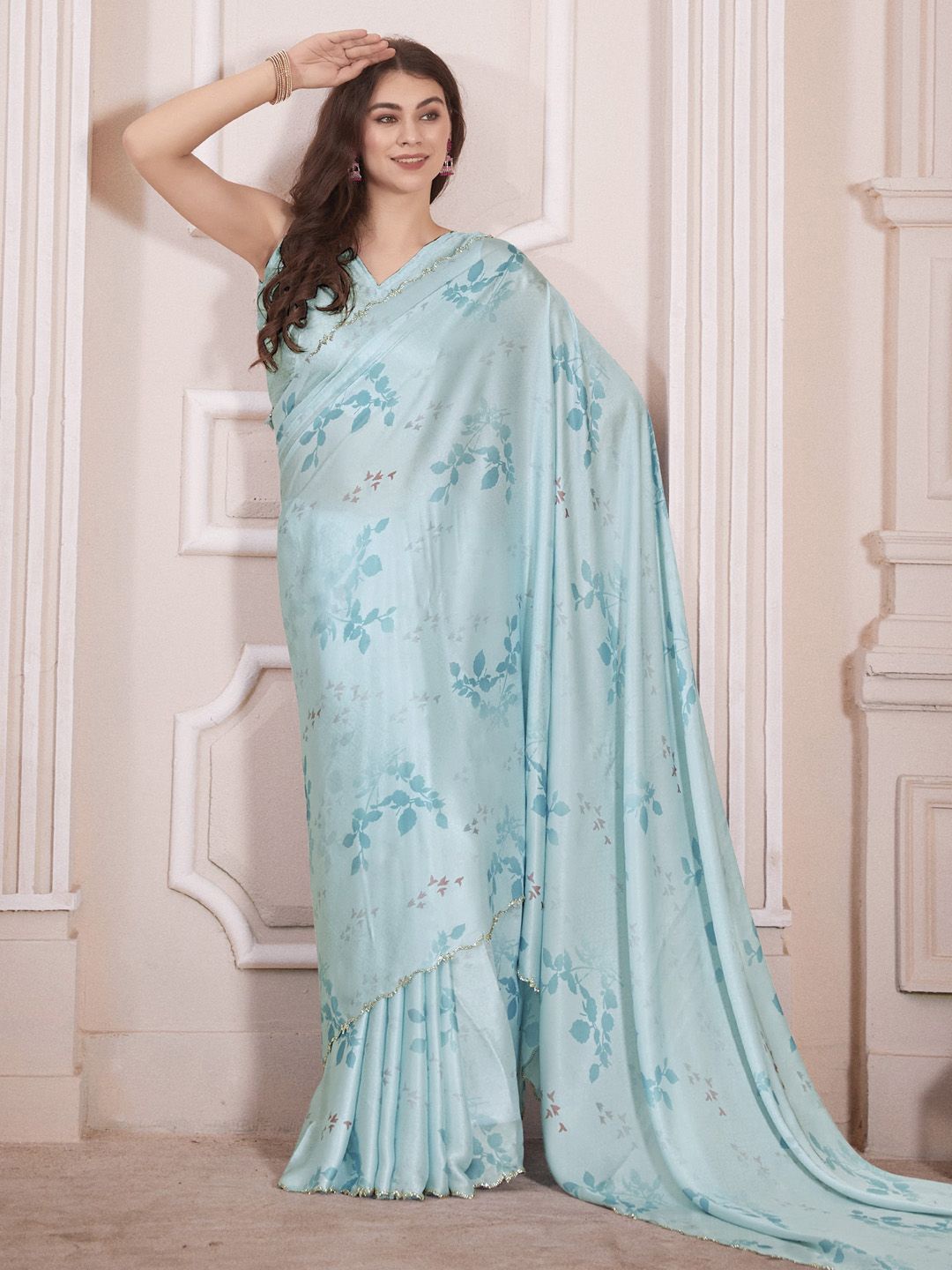

Anouk Floral Printed Beads and Stones Satin Saree, Blue