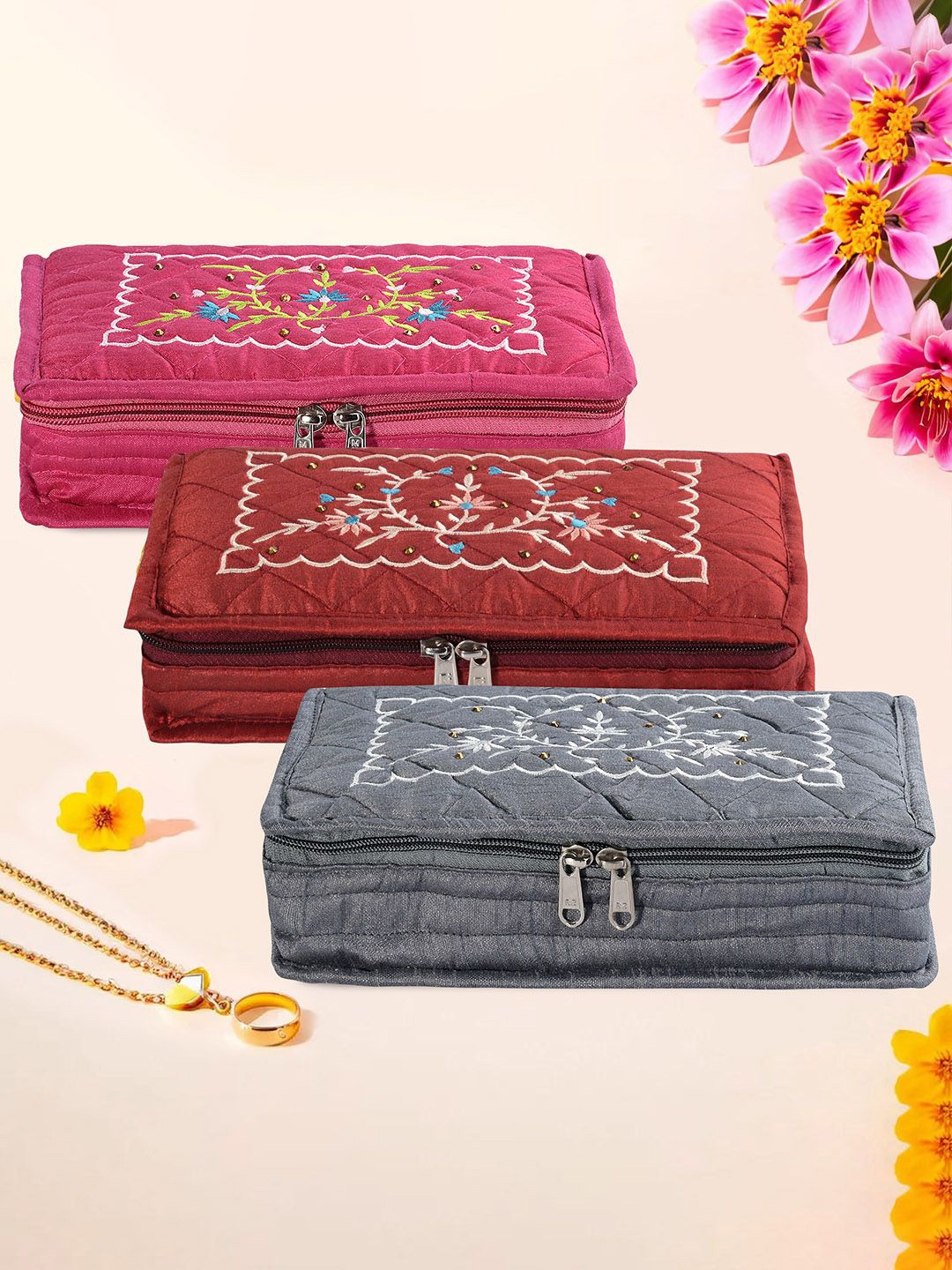 

Kuber Industries Grey 3 Pieces Floral Embroidered Jewellery Organisers