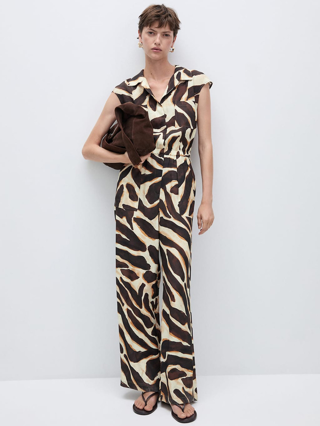 

MANGO Animal Printed Jumpsuit With Pockets, Beige