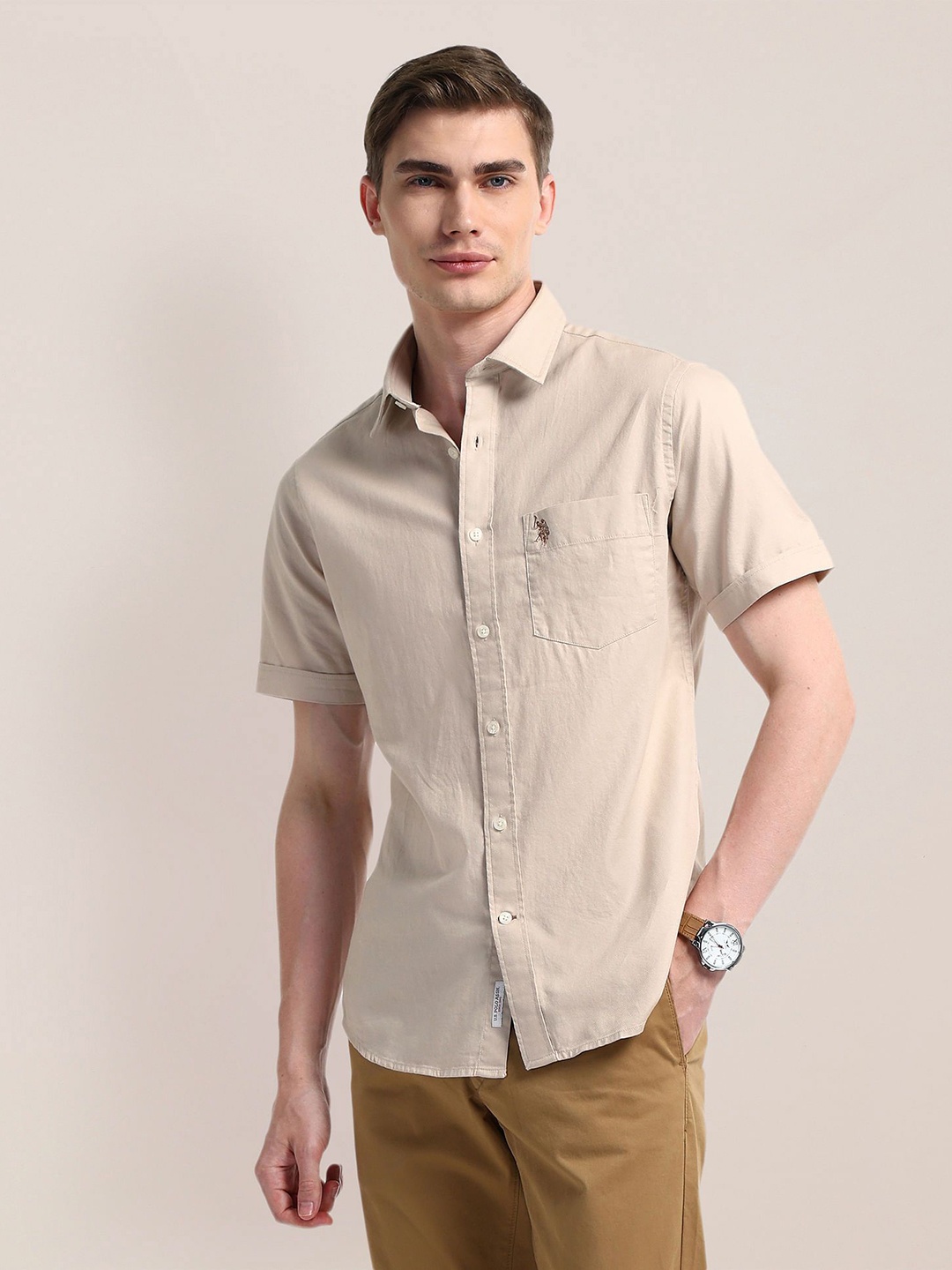 

U.S. Polo Assn. Men Classic Spread Collar Solid Cotton Casual Shirt, Beige
