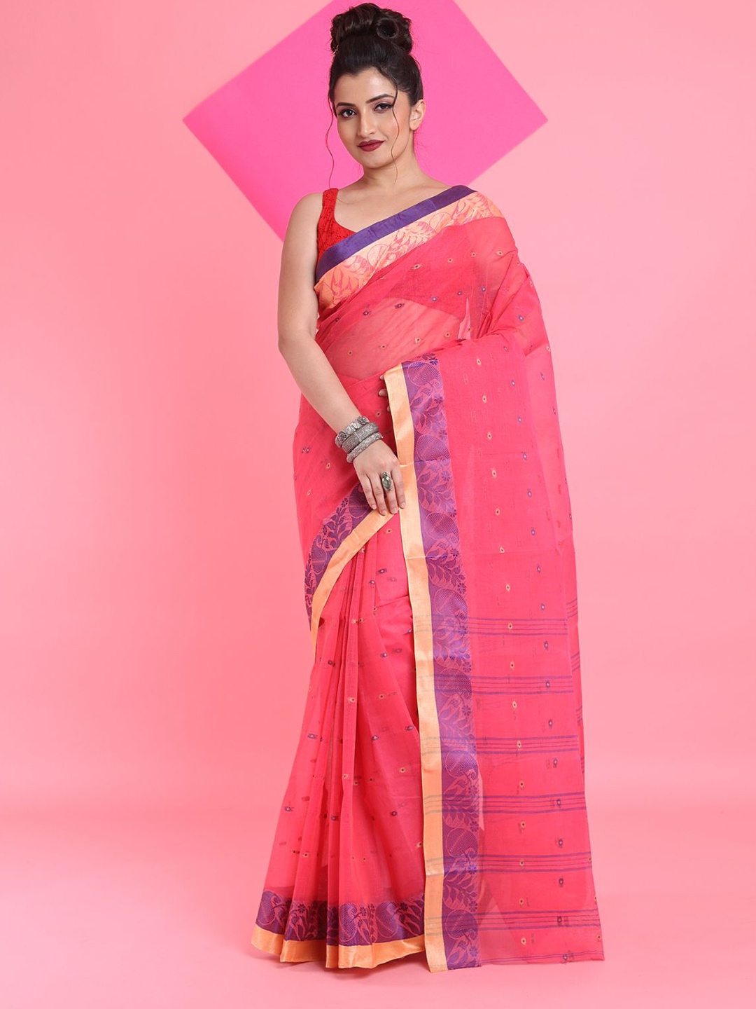 

Arhi Woven Design Zari Pure Cotton Taant Saree, Fuchsia