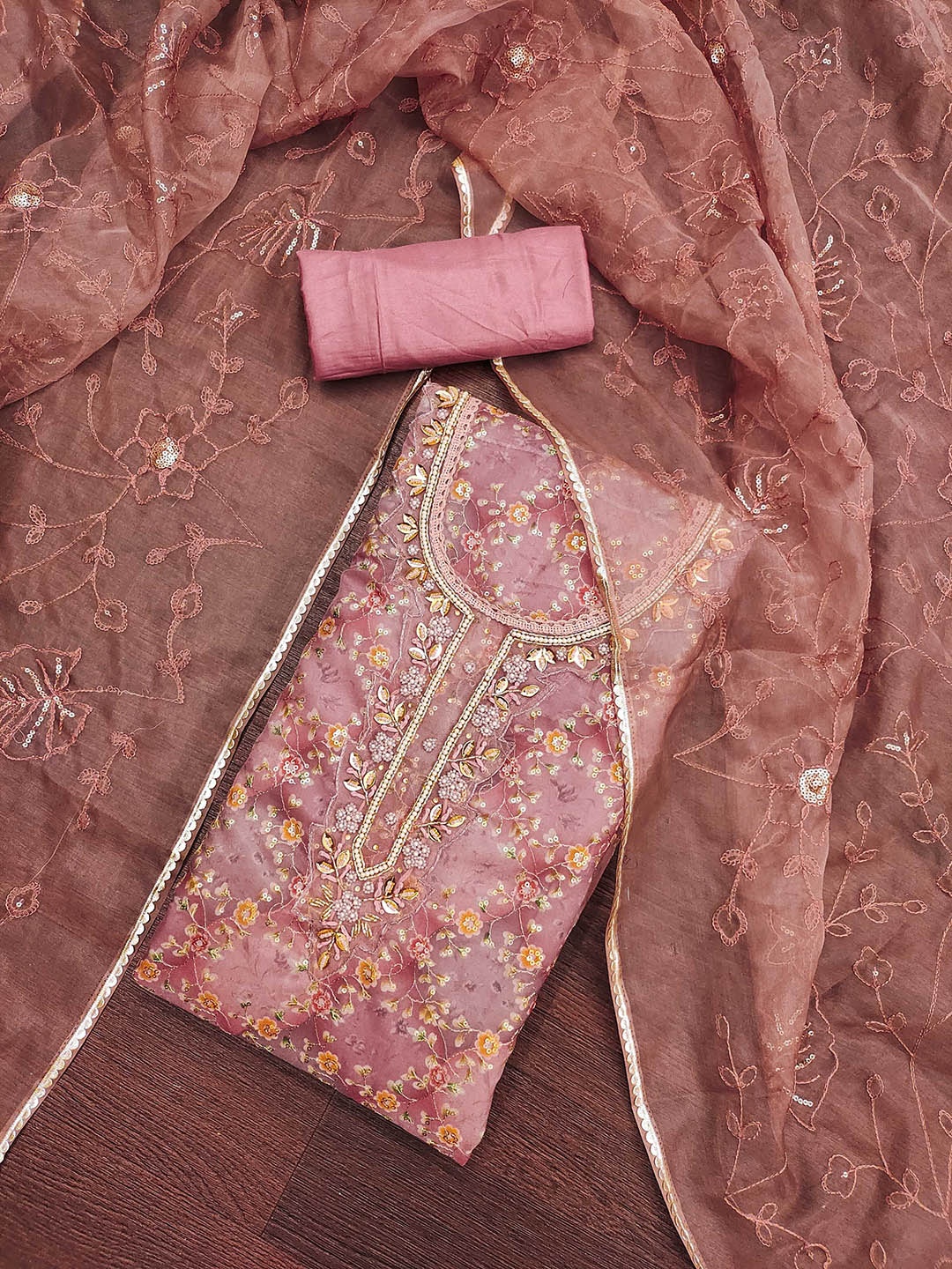 

KALINI Beads and Stones Embroidered Organza Unstitched Dress Material, Pink