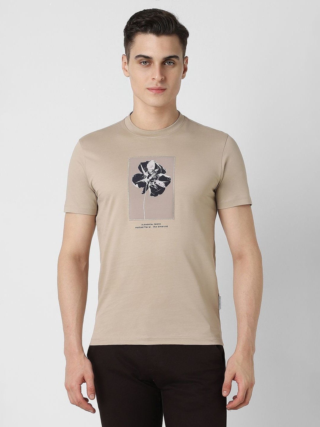 

V Dot Men Floral Printed Round Neck Cotton Slim Fit T-shirt, Khaki