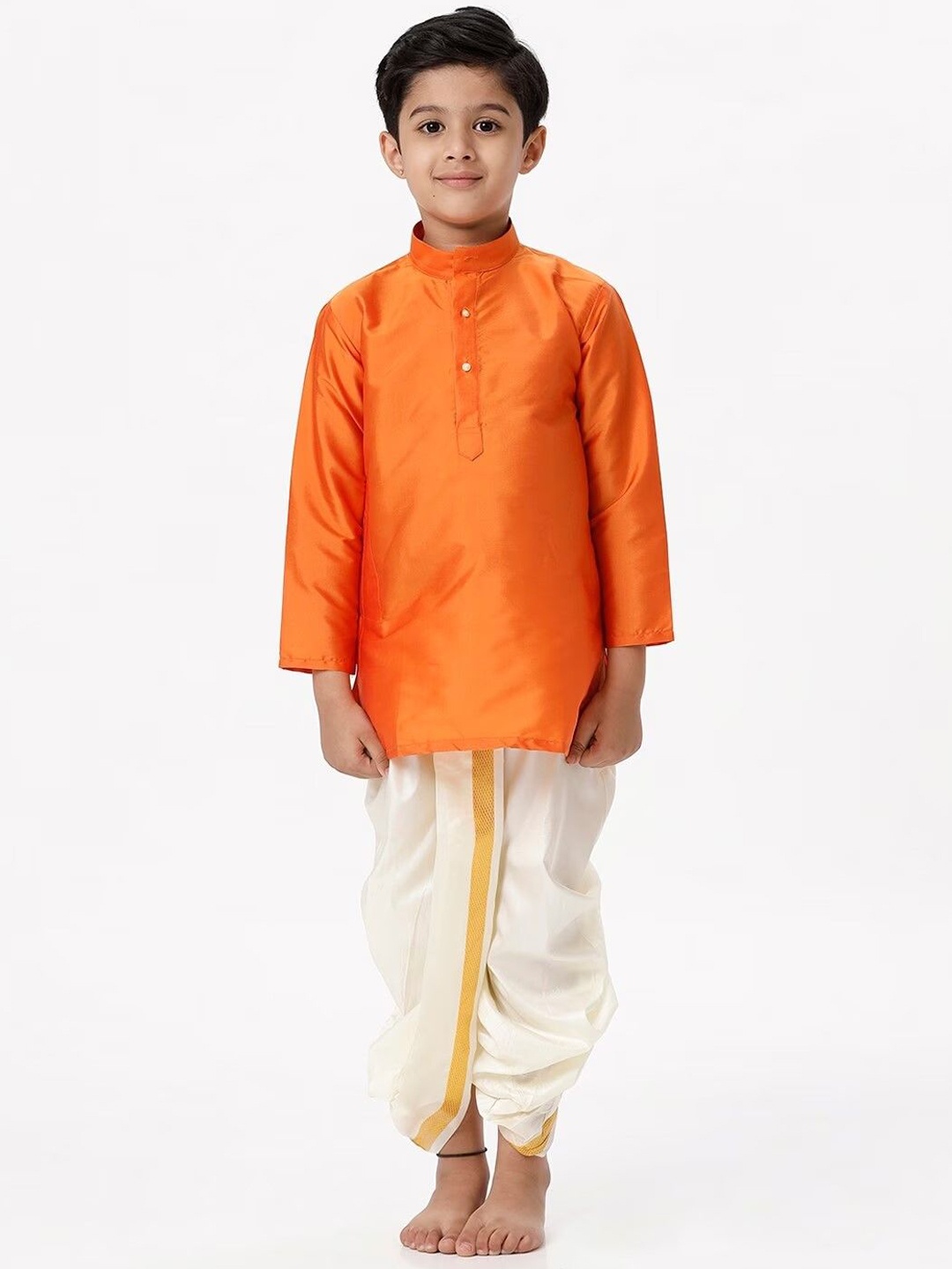 

Ramraj Boys Band Collar Silk Blend Kurta With Panchakacham, Orange