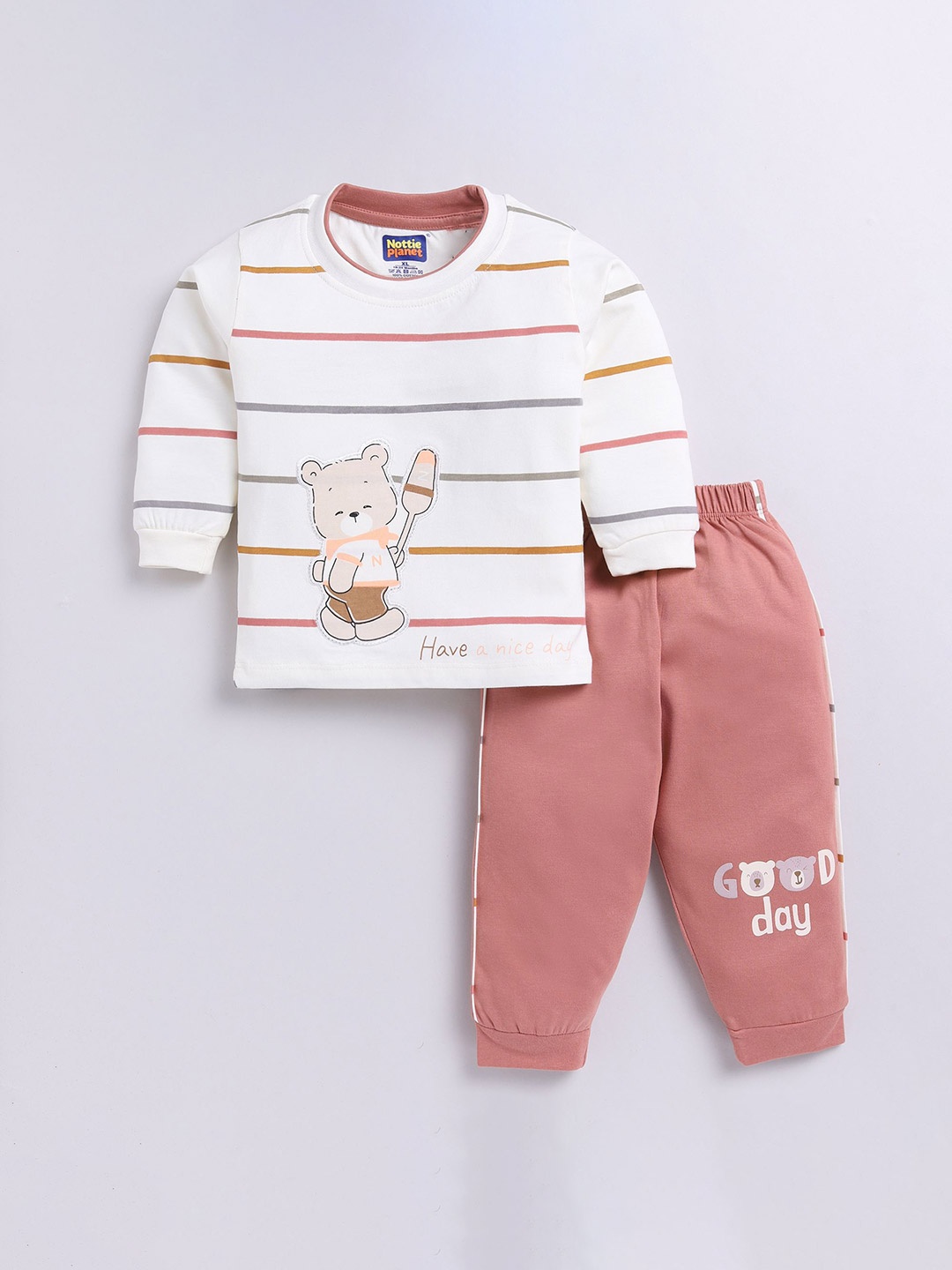 

Nottie Planet Boys Striped Pure Cotton T-shirt With Pyjamas, Coral