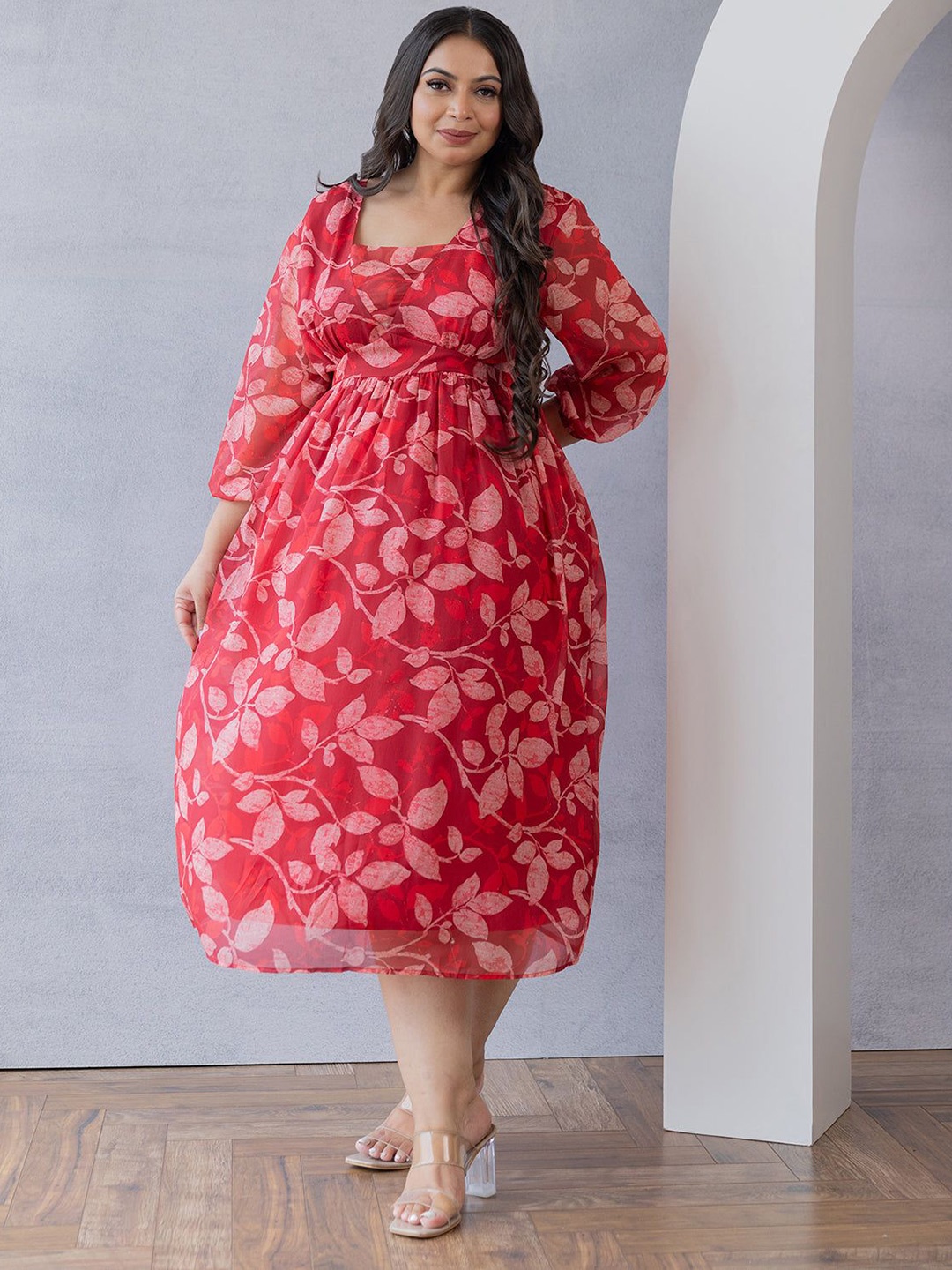 

Polago Clothing Plus Size Puff Sleeve Empire Floral Midi Dress, Red