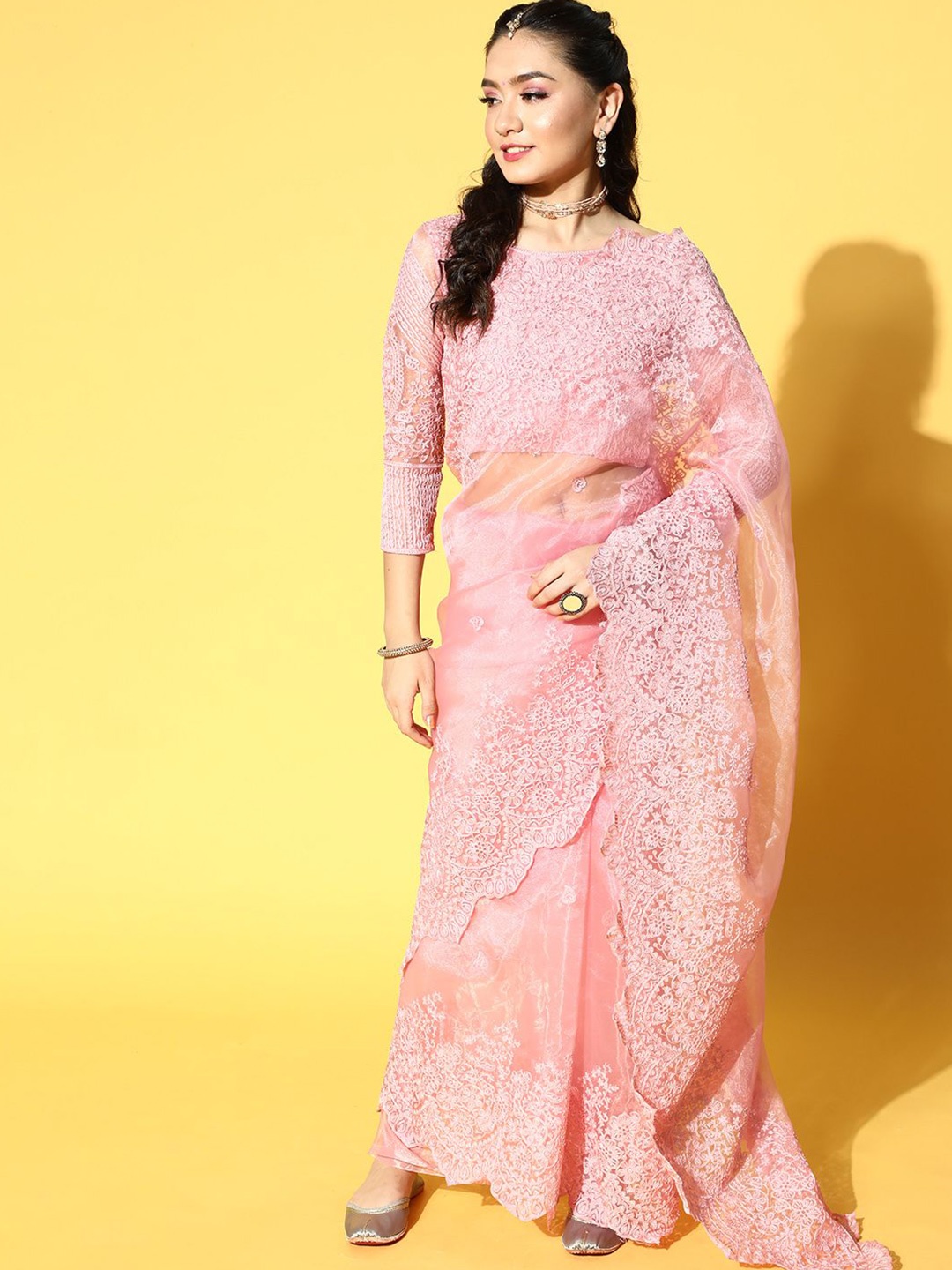 

KIMISHA Floral Embroidered Organza Saree, Pink
