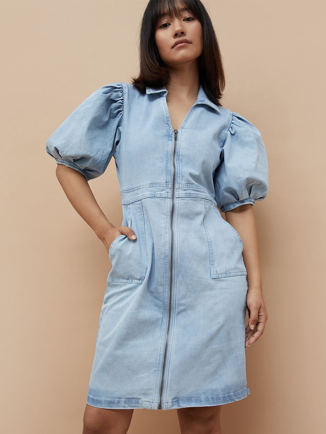 

Ginger by Lifestyle Puff Sleeve Zipped Shirt Dress, Blue