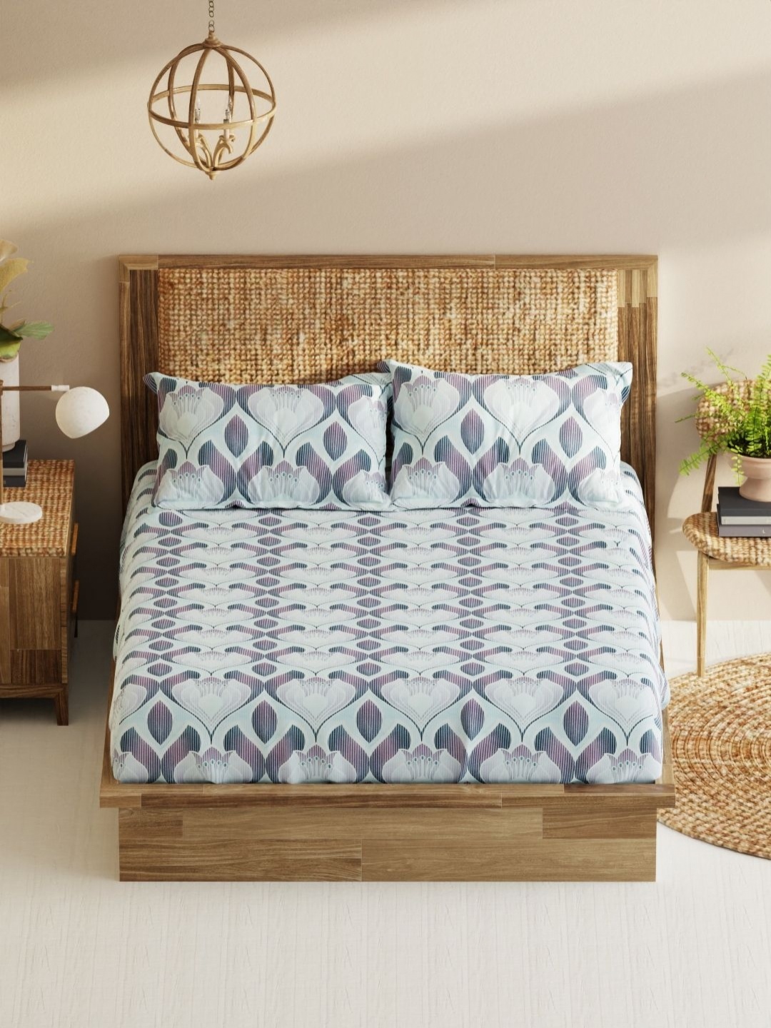 

BIANCA Blue & Purple Geometric 210 TC Pure Cotton King Bedsheet with 2 Pillow Covers