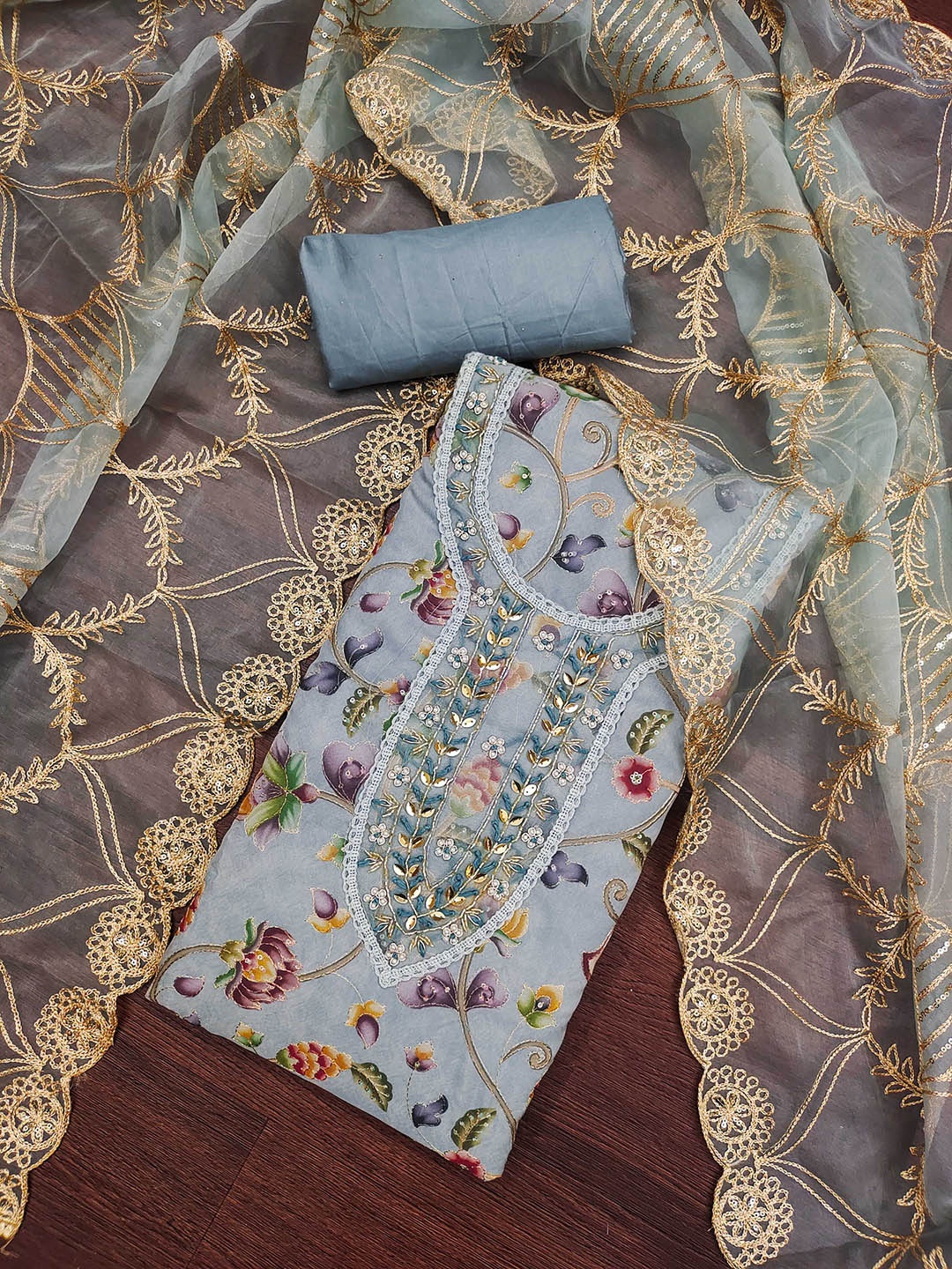 

KALINI Floral Embroidered Zari Organza Unstitched Dress Material, Grey