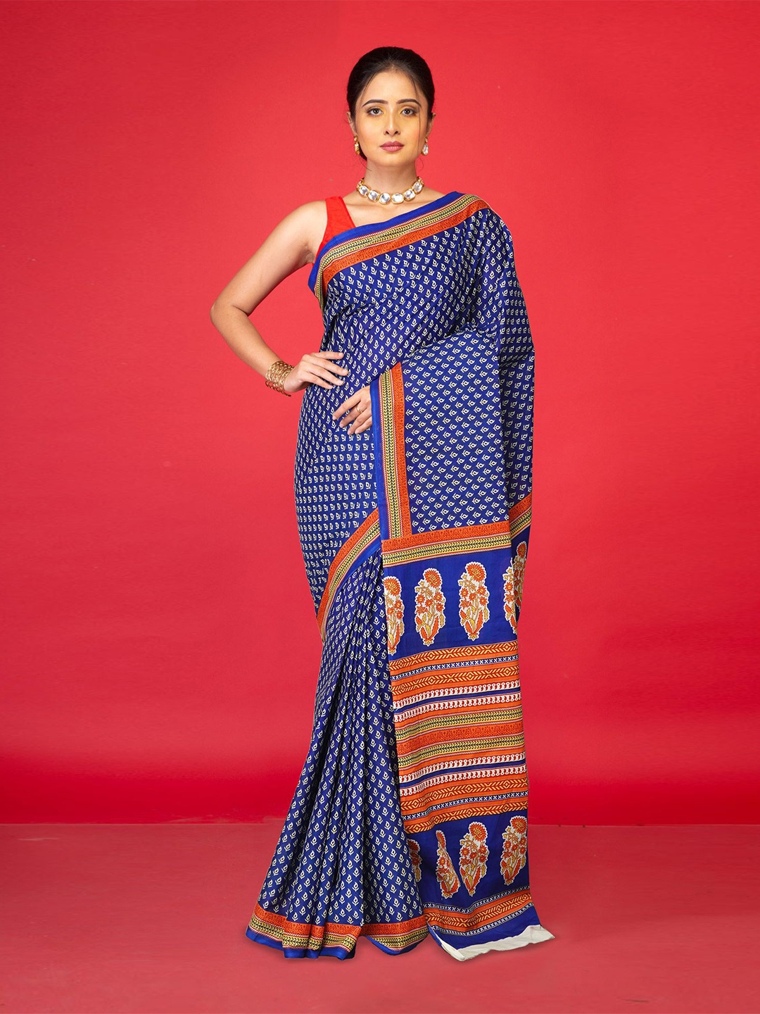 

Unnati Silks Ethnic Motifs Pure Cotton Handloom Block Print Saree, Navy blue