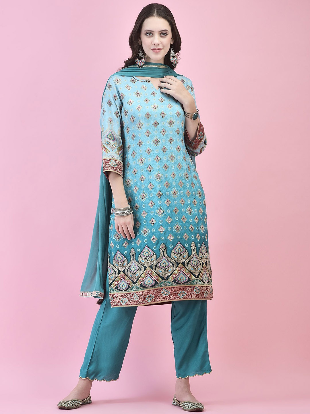 

Shree Women Ethnic Motifs Printed Regular Sequinned Kurta with Trousers & With Dupatta, Blue