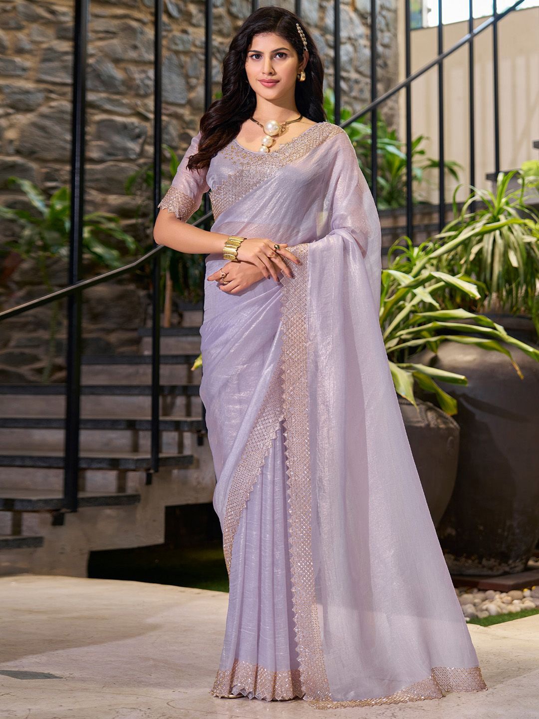 

Anouk Embellished Aari Work Organza Saree, Lavender