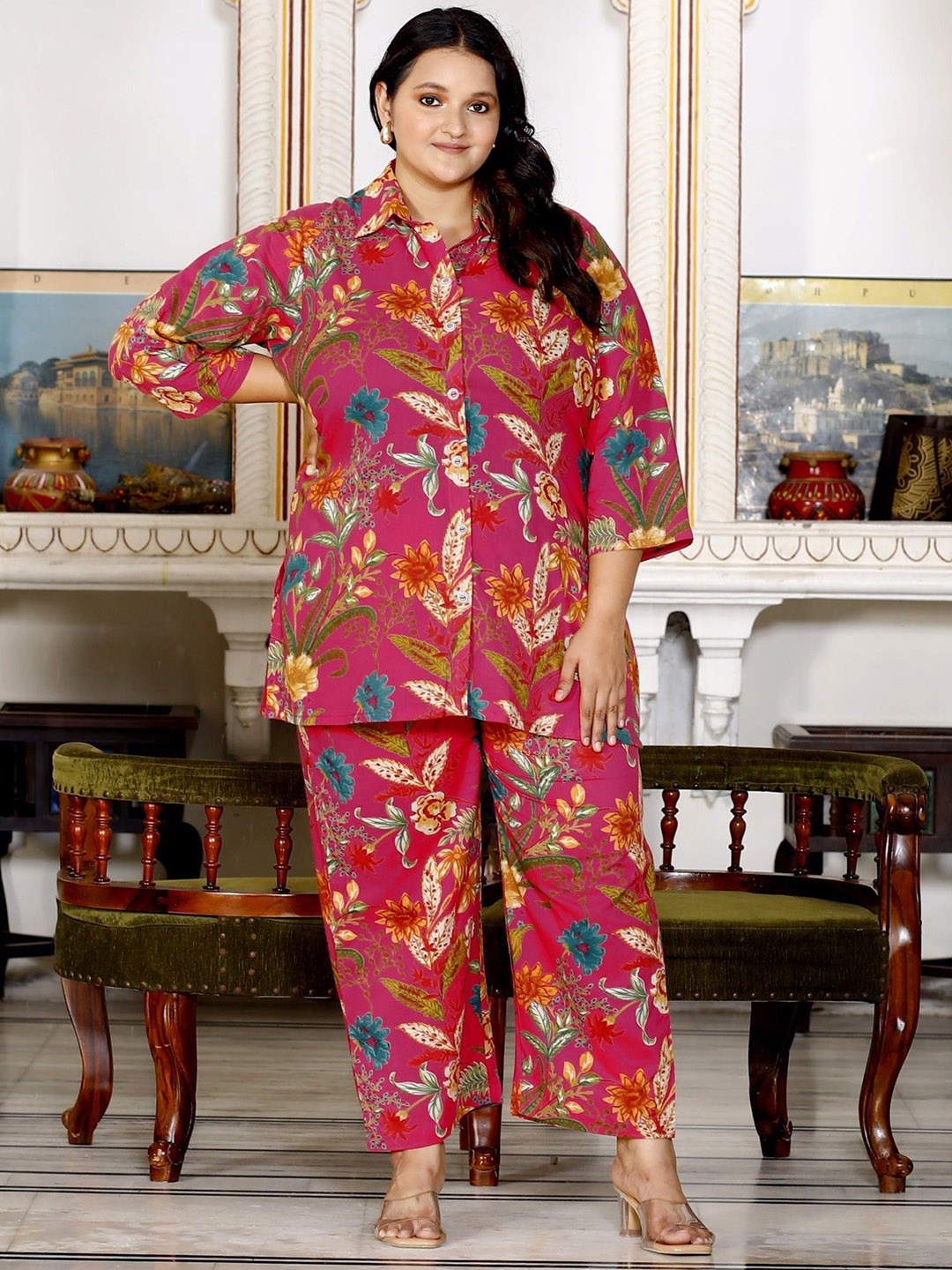 

KALINI Plus Size Floral Printed Pure Cotton Shirt & Trousers, Pink