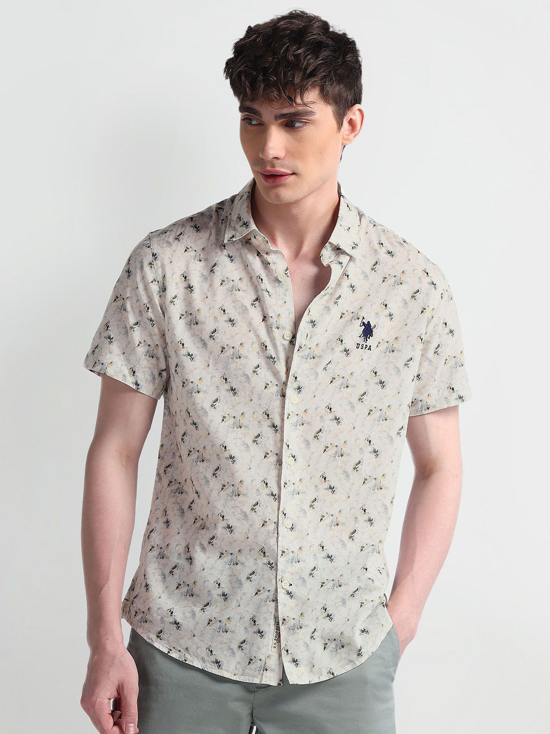 

U.S. Polo Assn. Men Smart Spread Collar Floral Printed Cotton Slim Fit Casual Shirt, Green