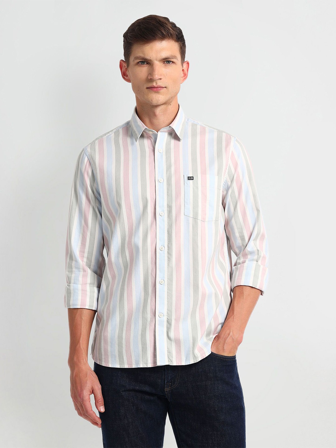 

Arrow Men Modern Spread Collar Multi Striped Cotton Slim Fit Casual Shirt