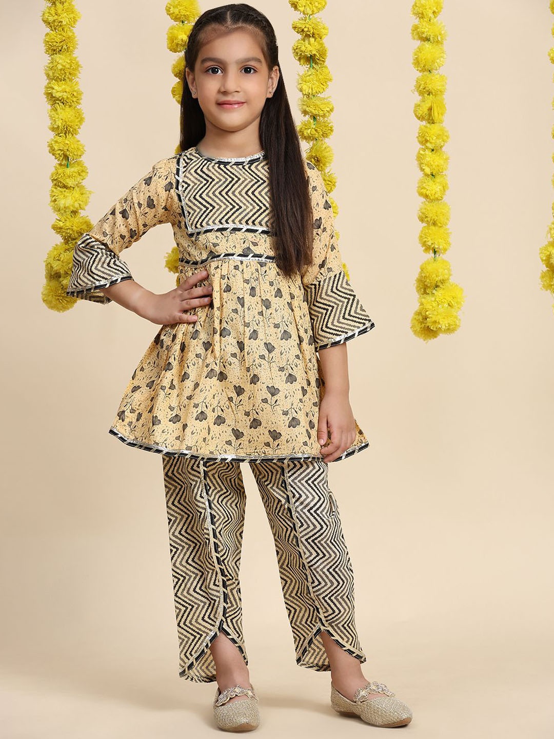 

Cutiekins Girls Floral Printed Flared Sleeves A-Line Kurta With Dhoti Pants, Beige