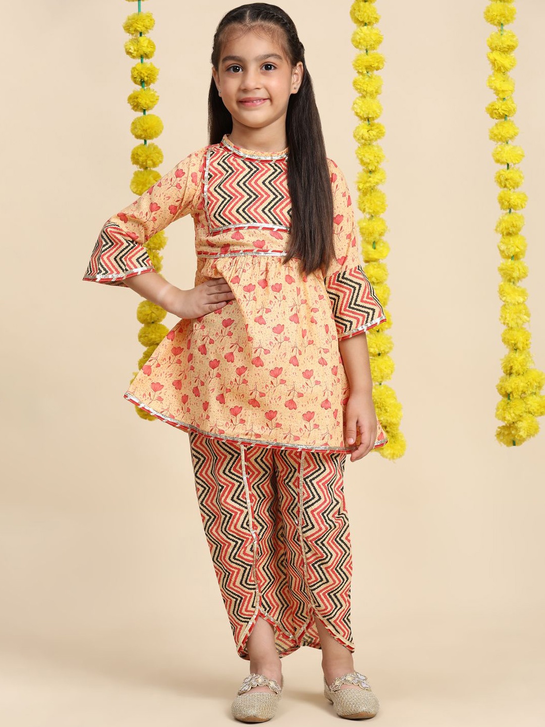 

Cutiekins Girls Floral Printed Bell Sleeves A-Line Kurta with Dhoti Pant, Orange