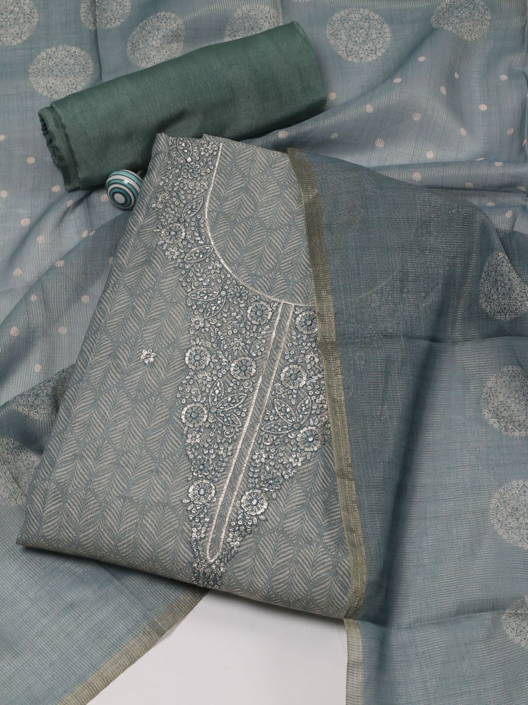 

Meena Bazaar Floral Printed Unstitched Dress Material, Grey