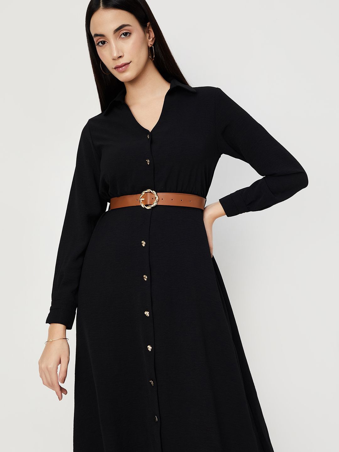 

max Solid Belted Midi Shirt Dress, Black
