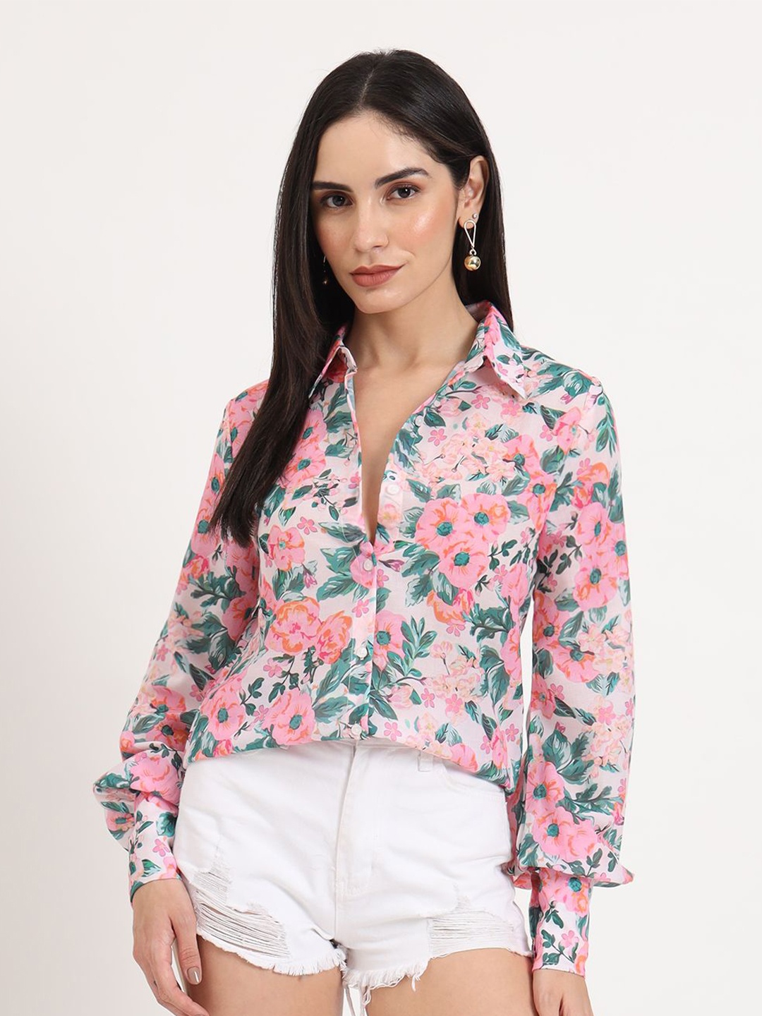 

AMSWAN Women Premium Spread Collar Floral Printed Relaxed Fit Casual Shirt, White
