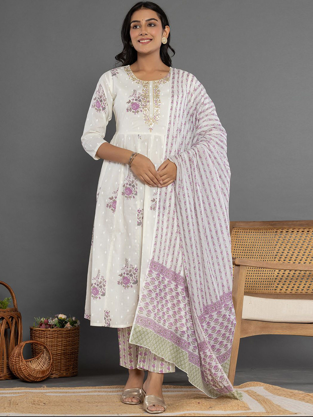 

Yufta Floral Embroidered Gotta Patti Pure Cotton Anarkali Kurta & Trousers With Dupatta, White