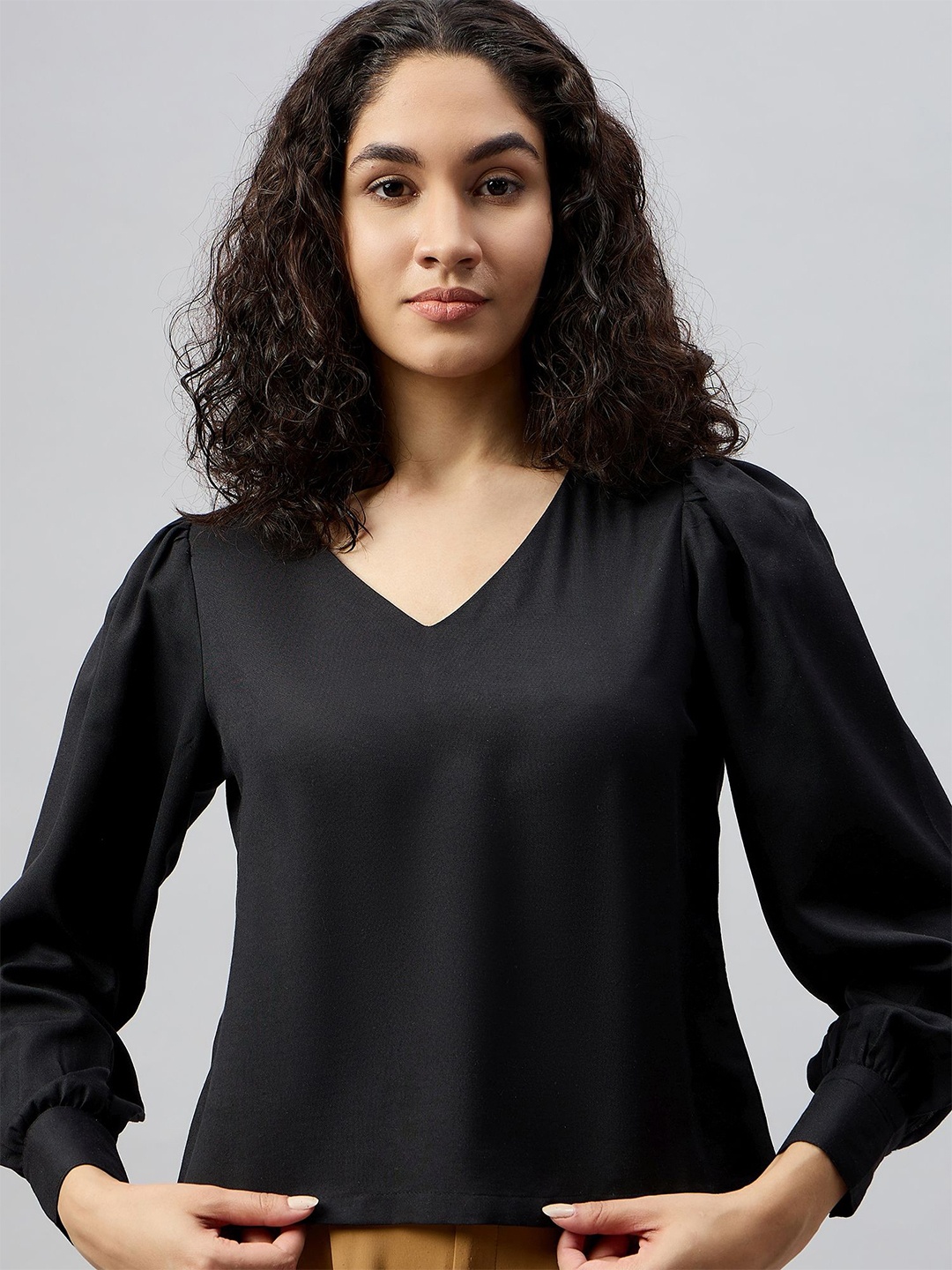 

Deewa Women Solid V-Neck Top, Black