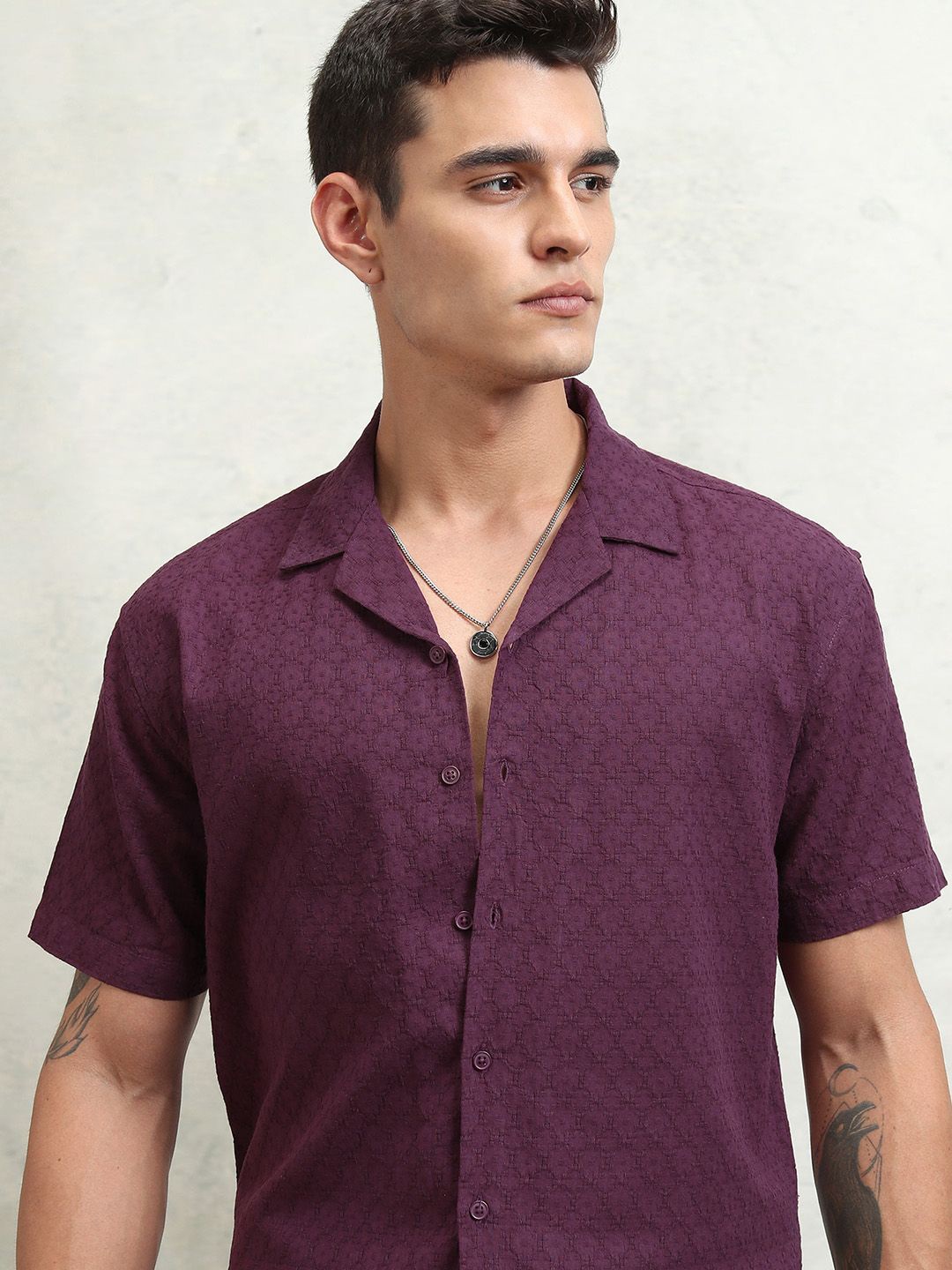 

HIGHLANDER Men Cuban Collar Textured Cotton Relaxed Fit Casual Shirt, Purple