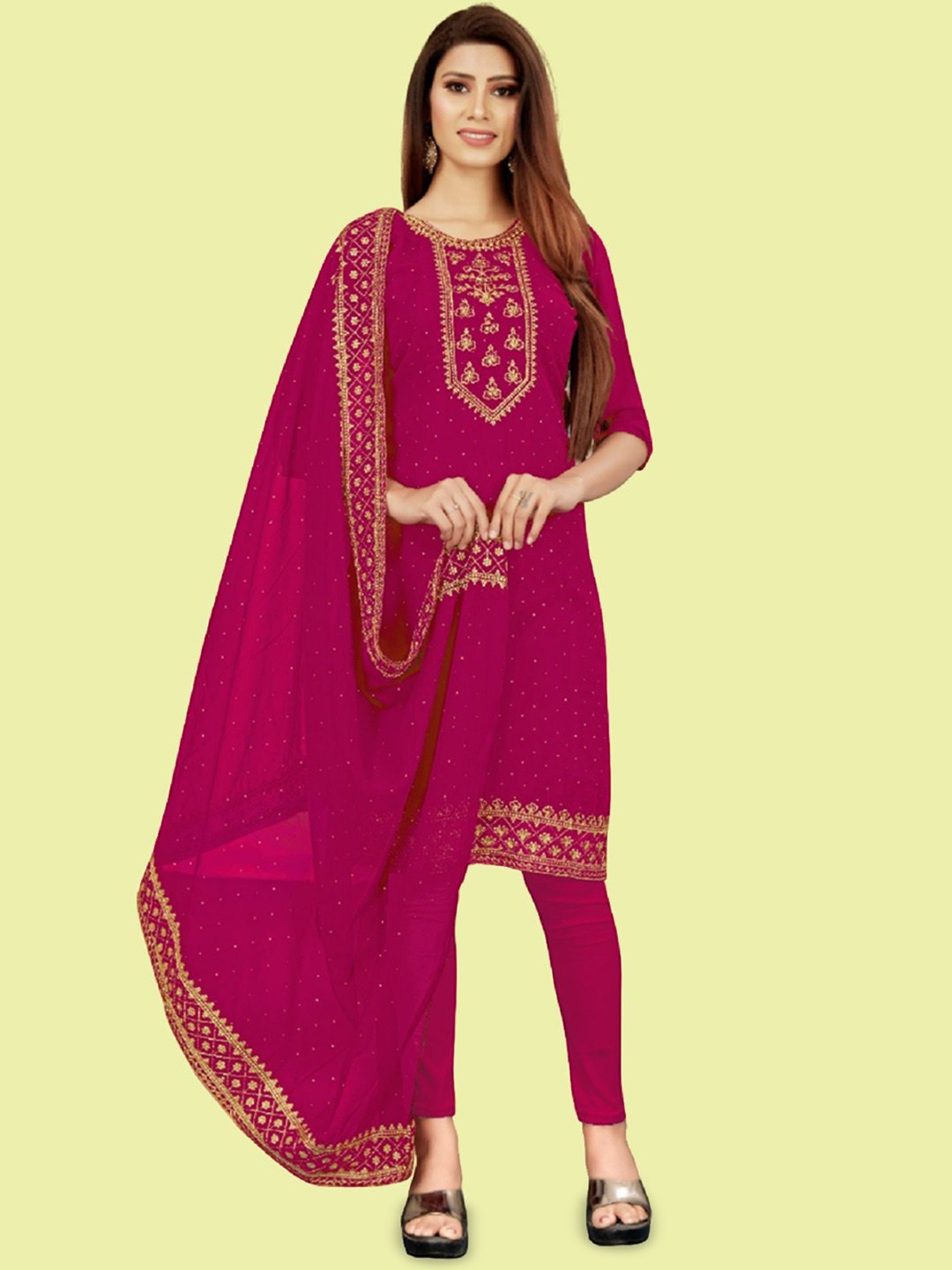 

APNISHA Floral Embroidered Silk Georgette Unstitched Dress Material, Magenta
