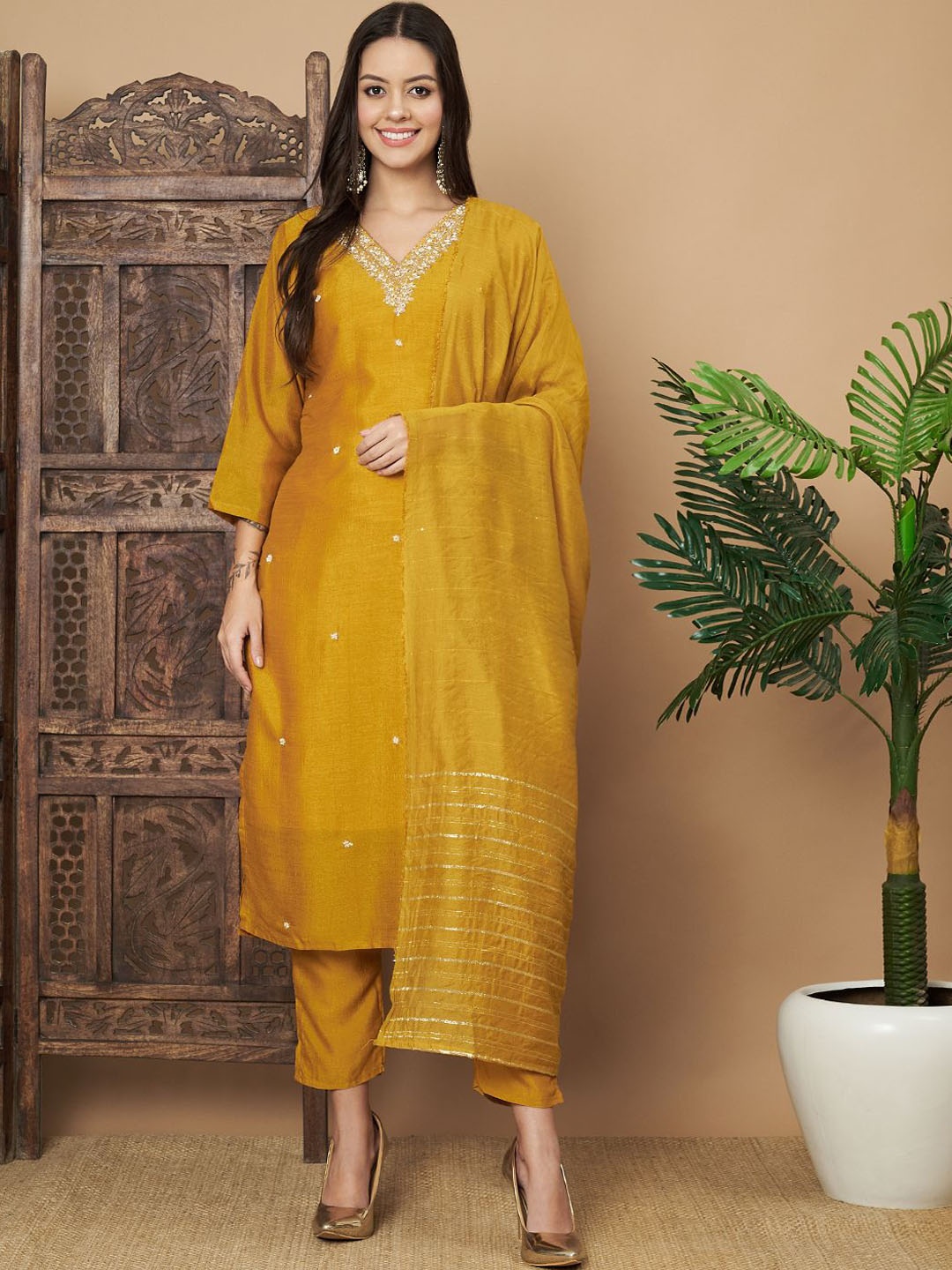 

BAESD Ethnic Motifs Sequinned Silk Georgette Straight Kurta with Trousers & Dupatta, Yellow