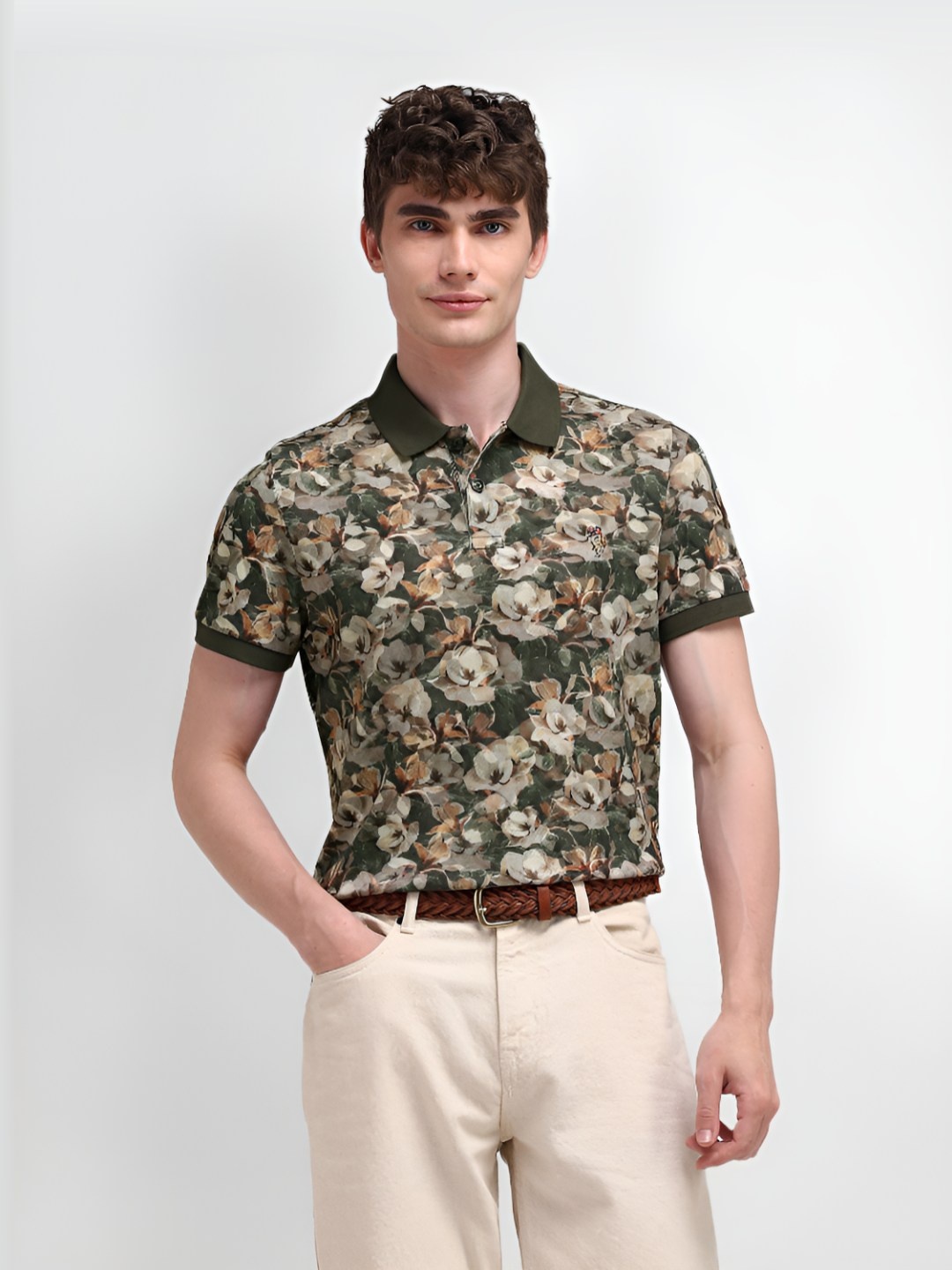 

U.S. Polo Assn. Men Floral Printed Polo Collar Cotton Slim Fit T-Shirt, Green