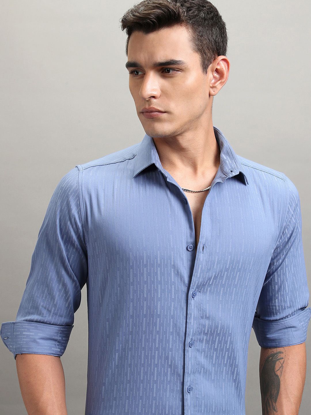 

Highlander Men Dobby Textured Solid Mui Occasion Shirt, Blue