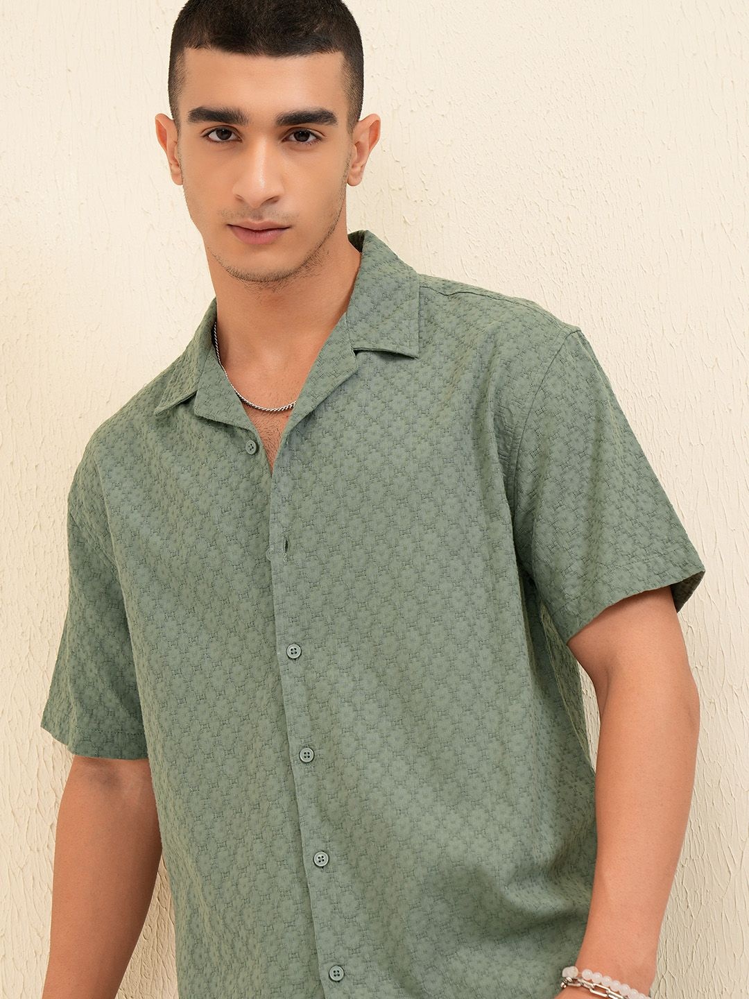 

Highlander Men Dobby Textured Solid Cuban Collar Relaxed Shirt, Green