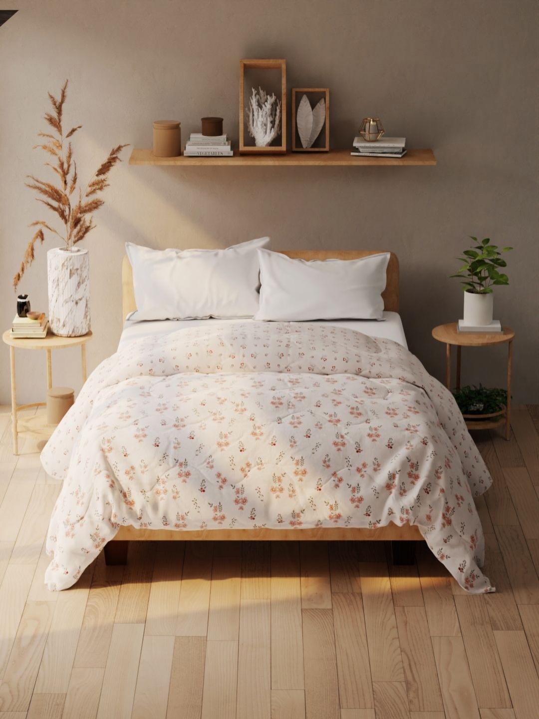 

KOPA White & Orange Floral Printed 120 GSM Microfiber AC Room Double Bed Comforter