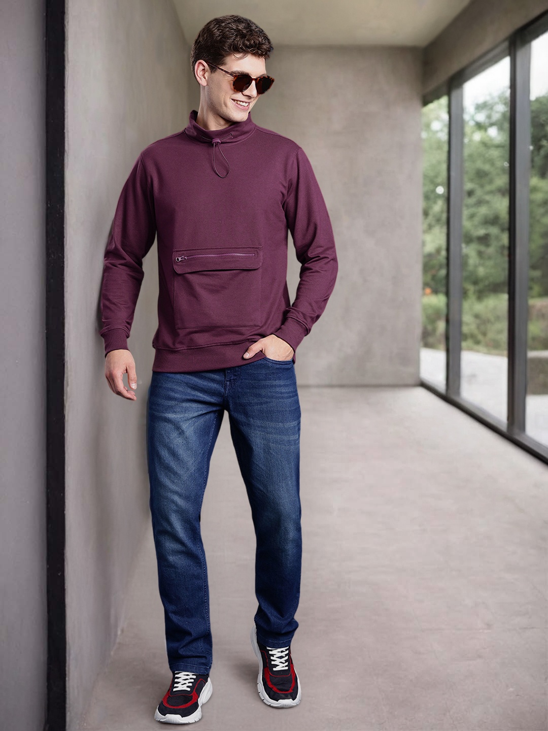 

Mast & Harbour Solid High-Neck Pullover Sweatshirt, Purple