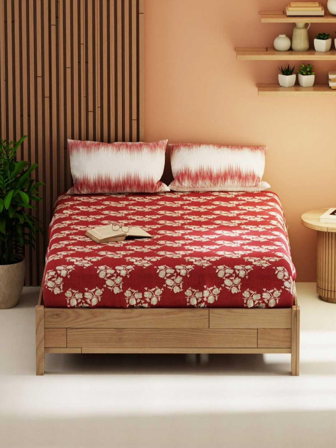 

KOPA magnolia Red & Beige Floral Microfiber 152 TC Queen Bedsheet with 2 Pillow Covers