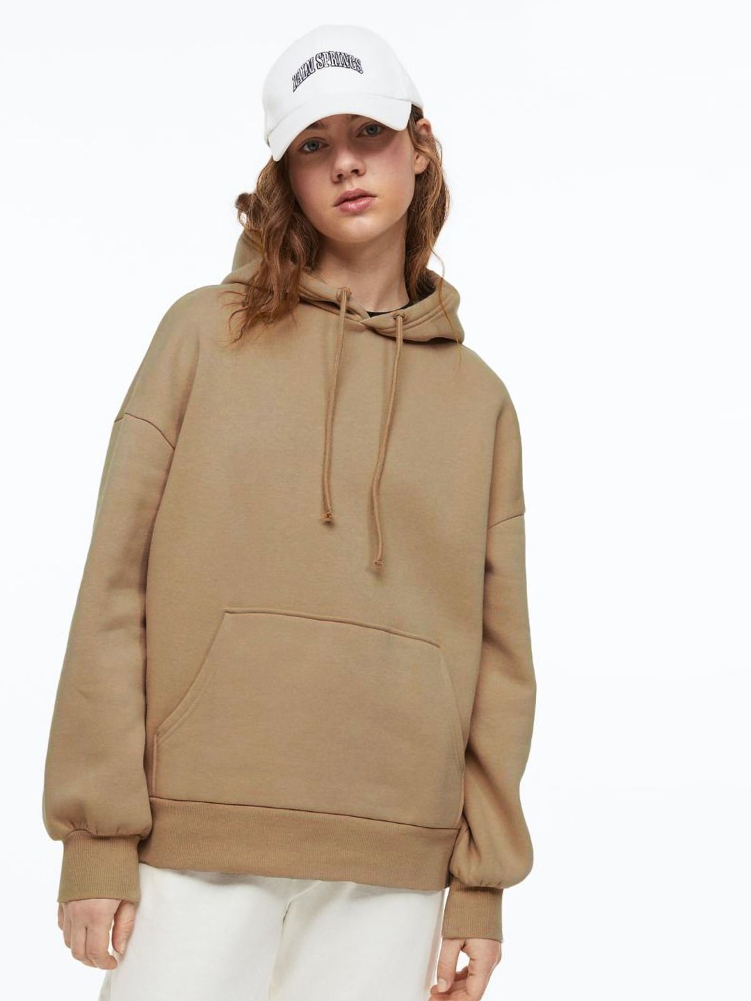 

MISCHIEF MONKEY Women Solid Hooded Oversized Sweatshirt, Beige