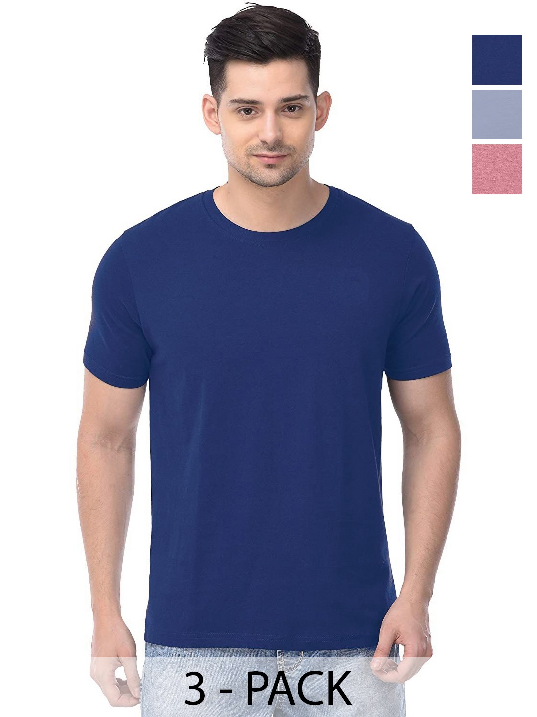 

COLOR CAPITAL Set Of 3 Unisex Solid Pure Cotton T-shirts, Navy blue
