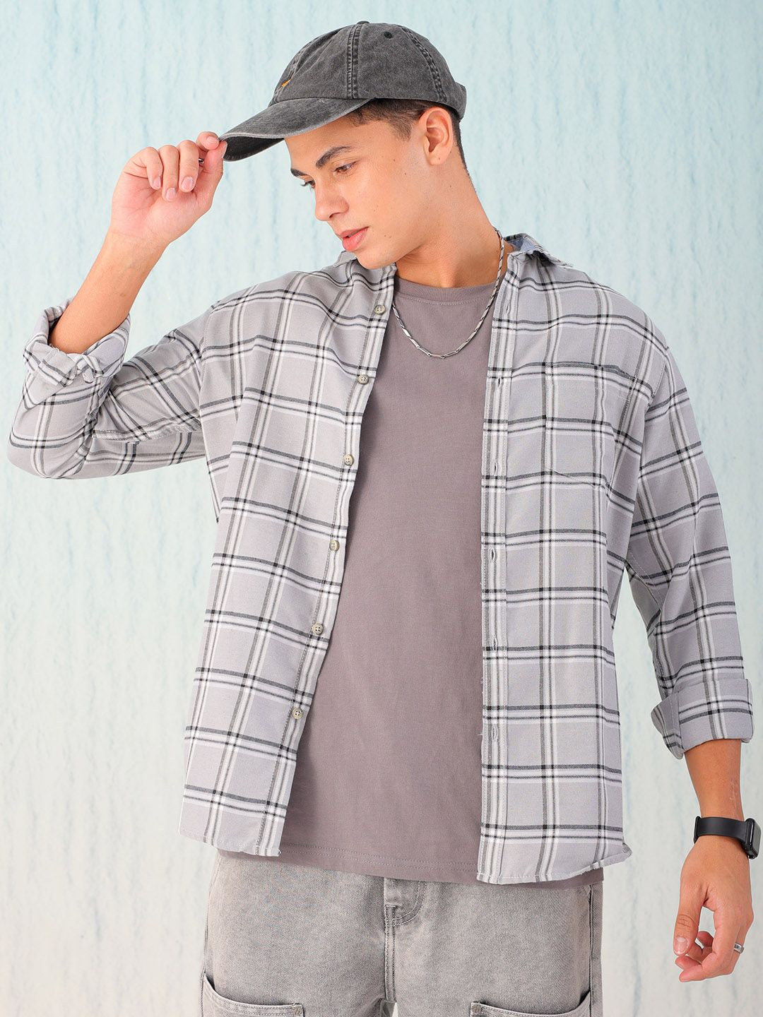 

HARDSODA Men Spread Collar Tartan Checked Casual Shirt, Grey