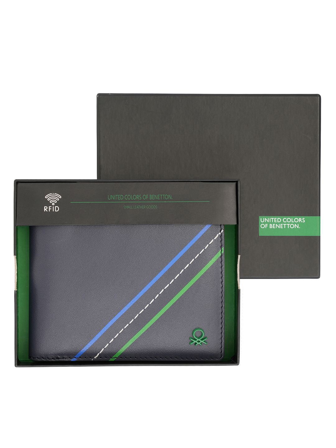 

United Colors of Benetton Men Striped Leather Two Fold Wallet, Navy blue