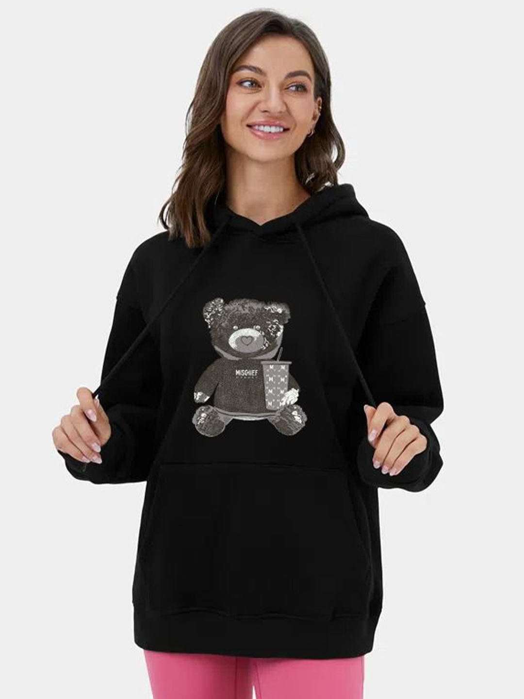 

MISCHIEF MONKEY Women Graphic Printed Hooded Oversized Sweatshirt, Black