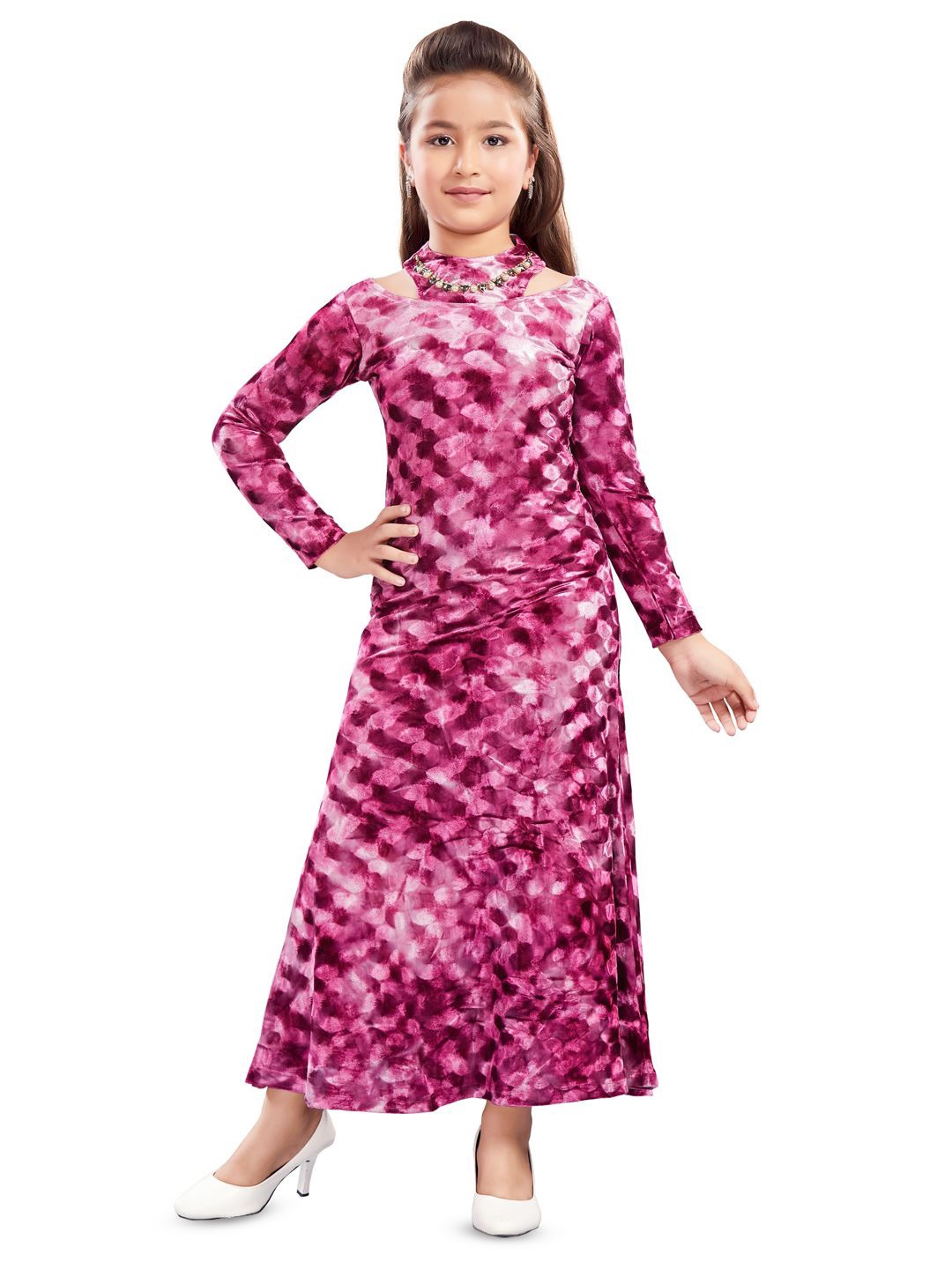 

Lei-Chie Girls Tie and Dye Print Velvet Full Sleeves Long Dress, Pink