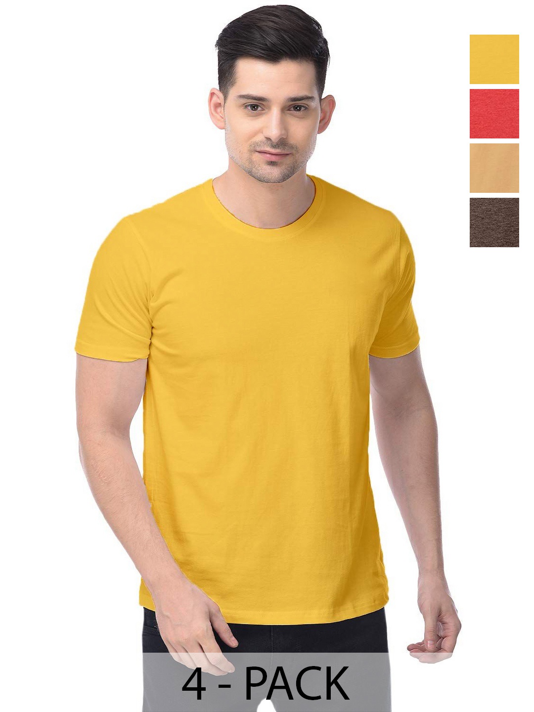 

COLOR CAPITAL Unisex Pack Of 4 Solid Pure Cotton T-shirts, Yellow