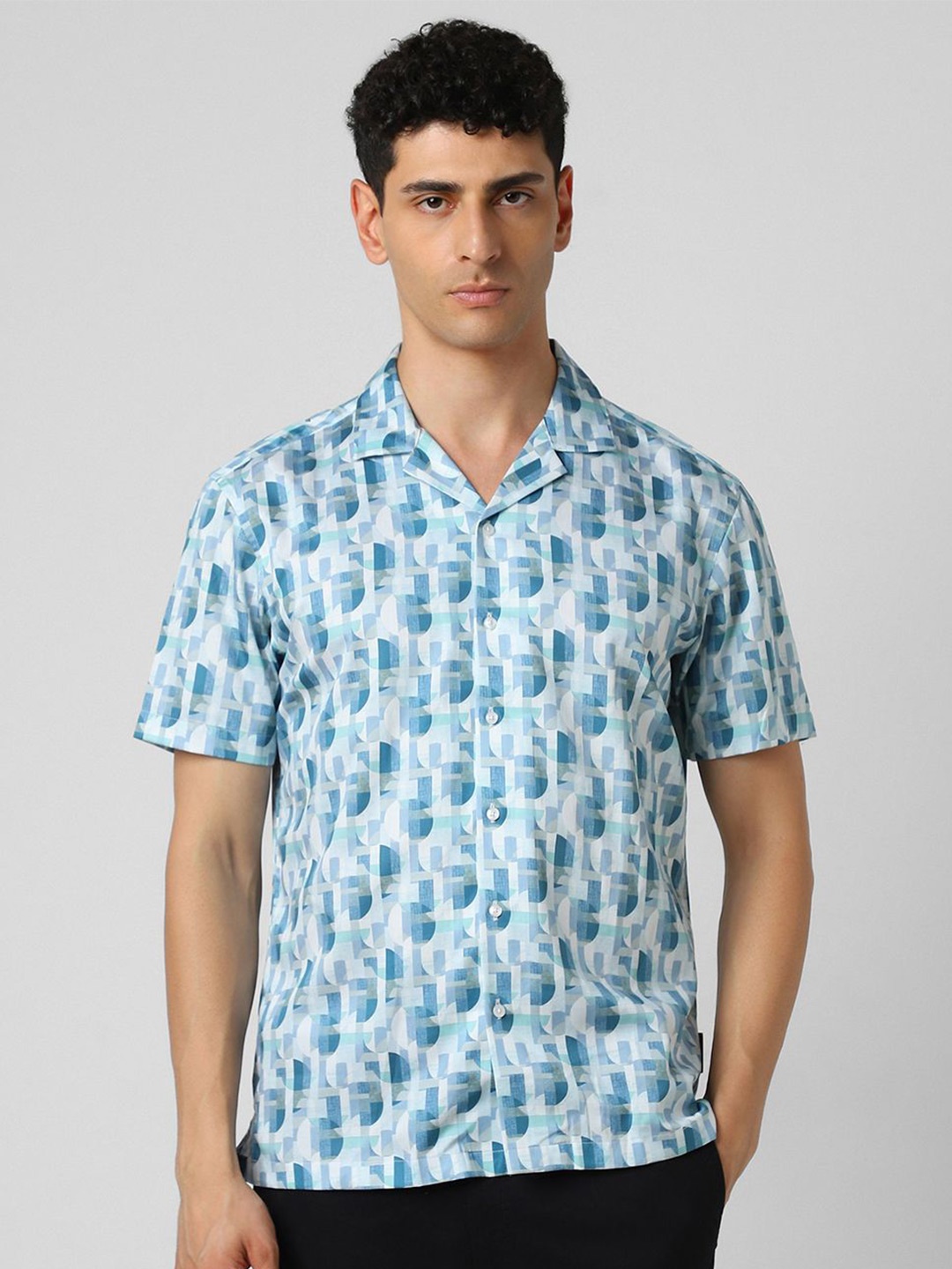 

V Dot Men Cuban Collar Abstract Printed Cotton Slim Fit Party Shirt, Blue