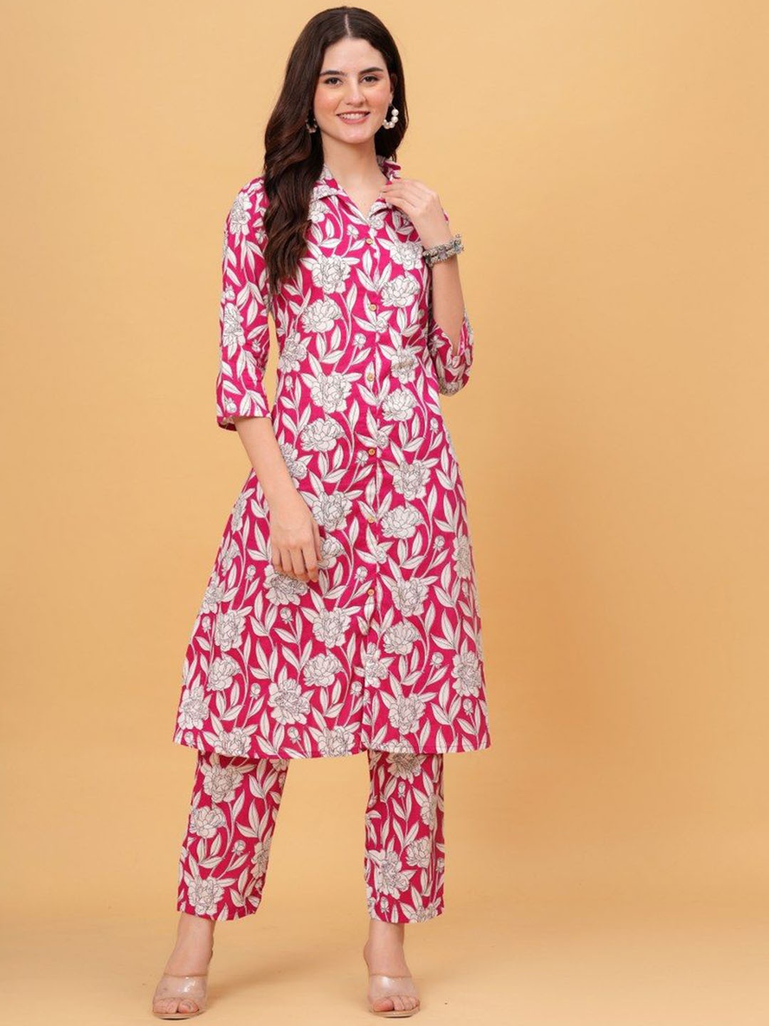 

Black Teetar Floral Printed Shirt Collar Pure Cotton Top & Trousers, Pink
