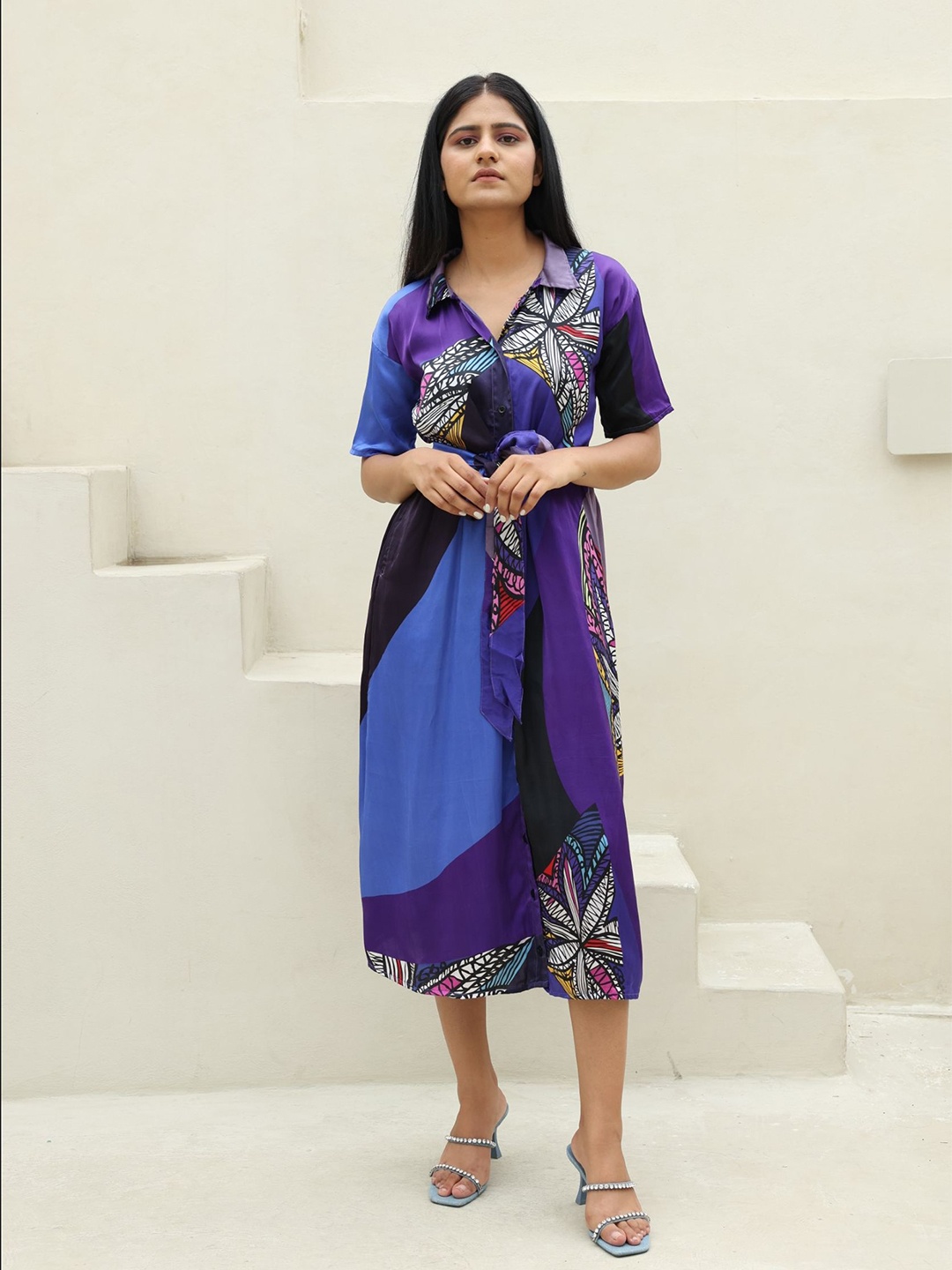 

RadhaRaman Colourblocked Satin Shirt Midi Dress with belt, Multi